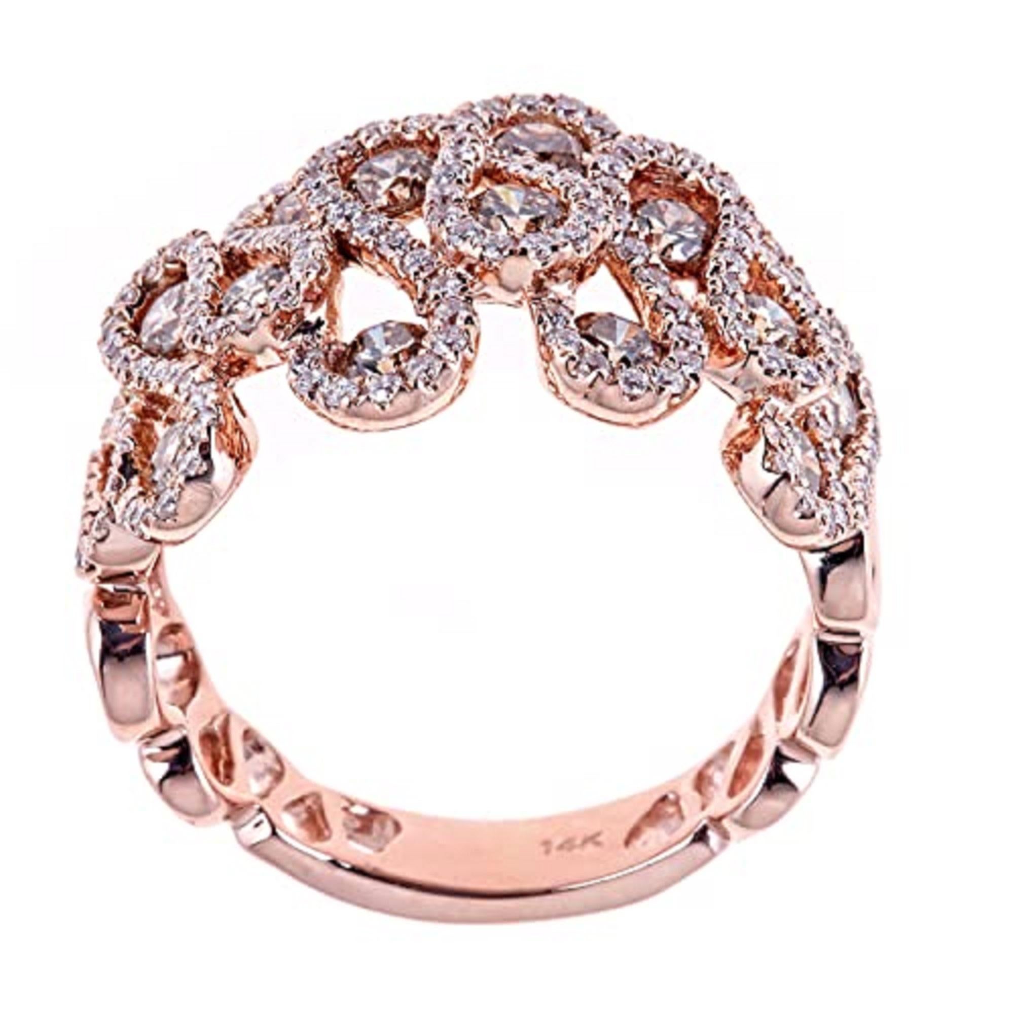 Schmücken Sie sich mit diesem eleganten Ring aus 14-karätigem Roségold von Gin & Grace. Dieser Ring besteht aus braunen Diamanten mit rundem Schliff und Zackenfassung (16 Stück) mit 1,20 Karat und weißen Diamanten mit rundem Schliff und