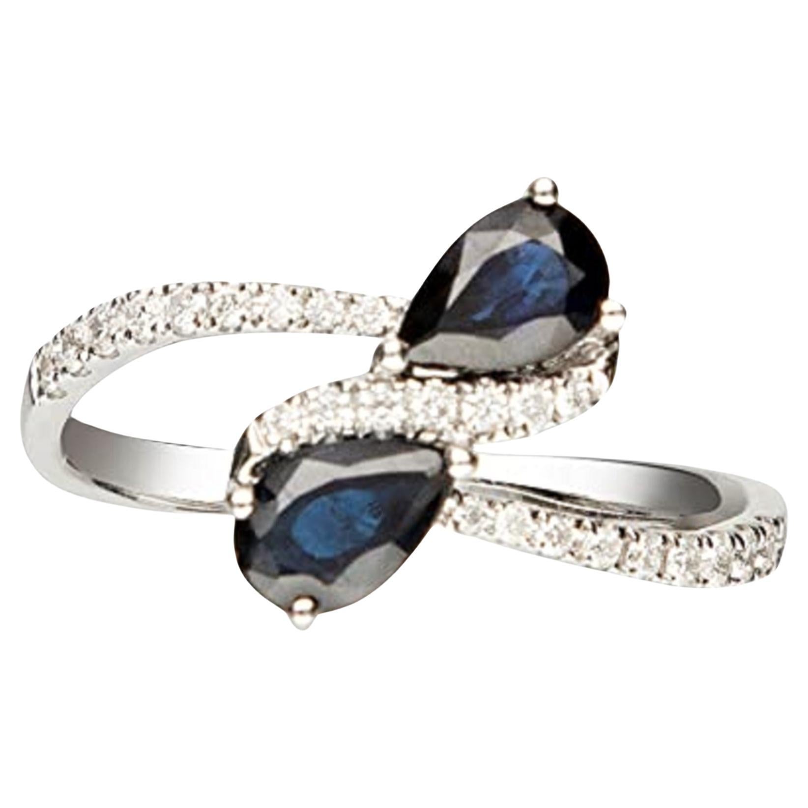 Gin & Grace 14K White Gold 2 Pear Cut Blue Sapphire & Natural Diamond Ring For Sale
