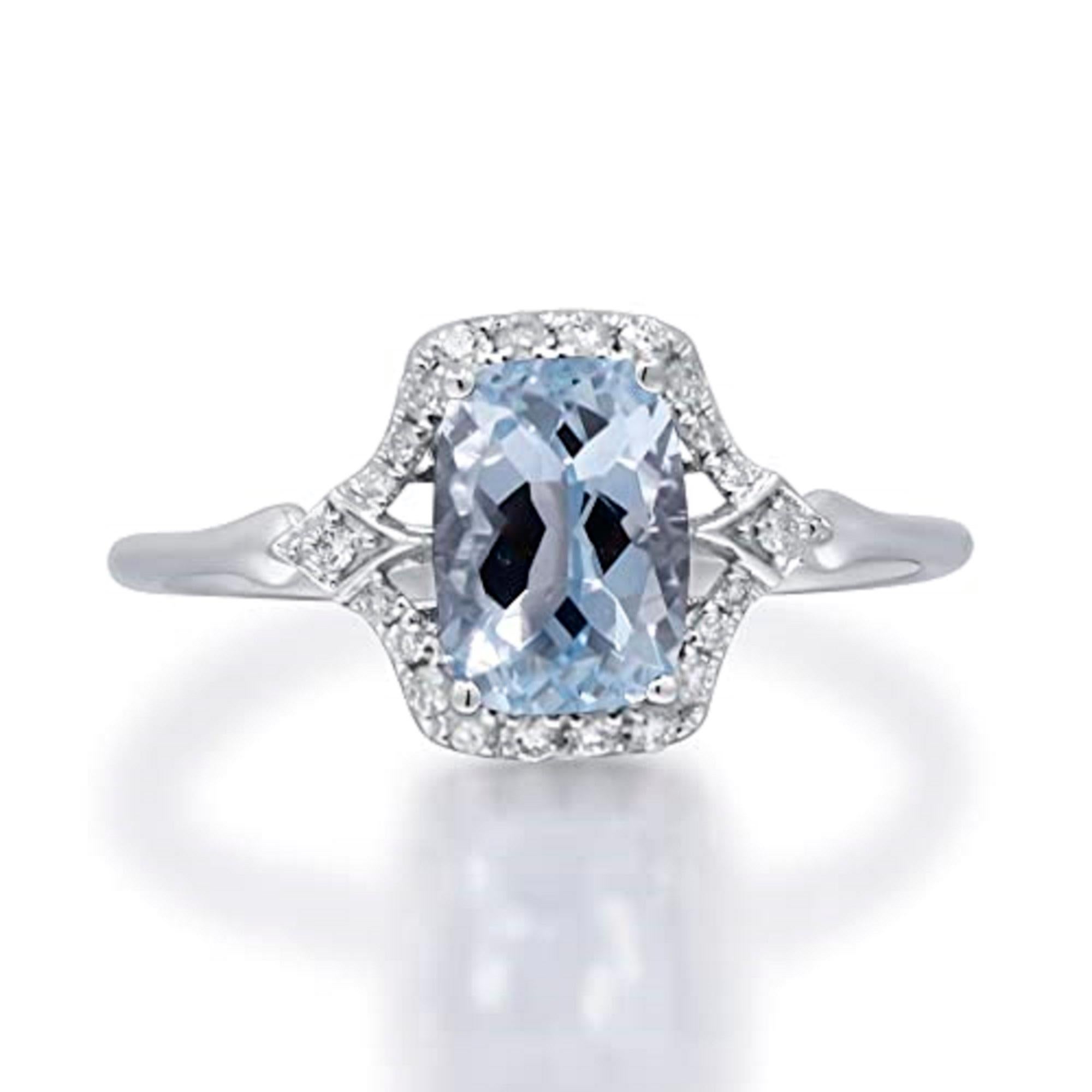 Decorate yourself in elegance with this Ring is crafted from 14-karat white Gold by Gin & Grace. This Ring is made up of 6x8 mm Cushion-Cut Aquamarine (1 pcs) 1.25 carat and Round-cut White Diamond (22 Pcs) 0.13 Carat. This Ring is weight 1.78