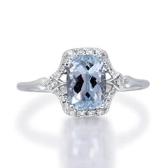 Gin & Grace 14K White Gold Genuine Aquamarine Ring with Diamonds for women