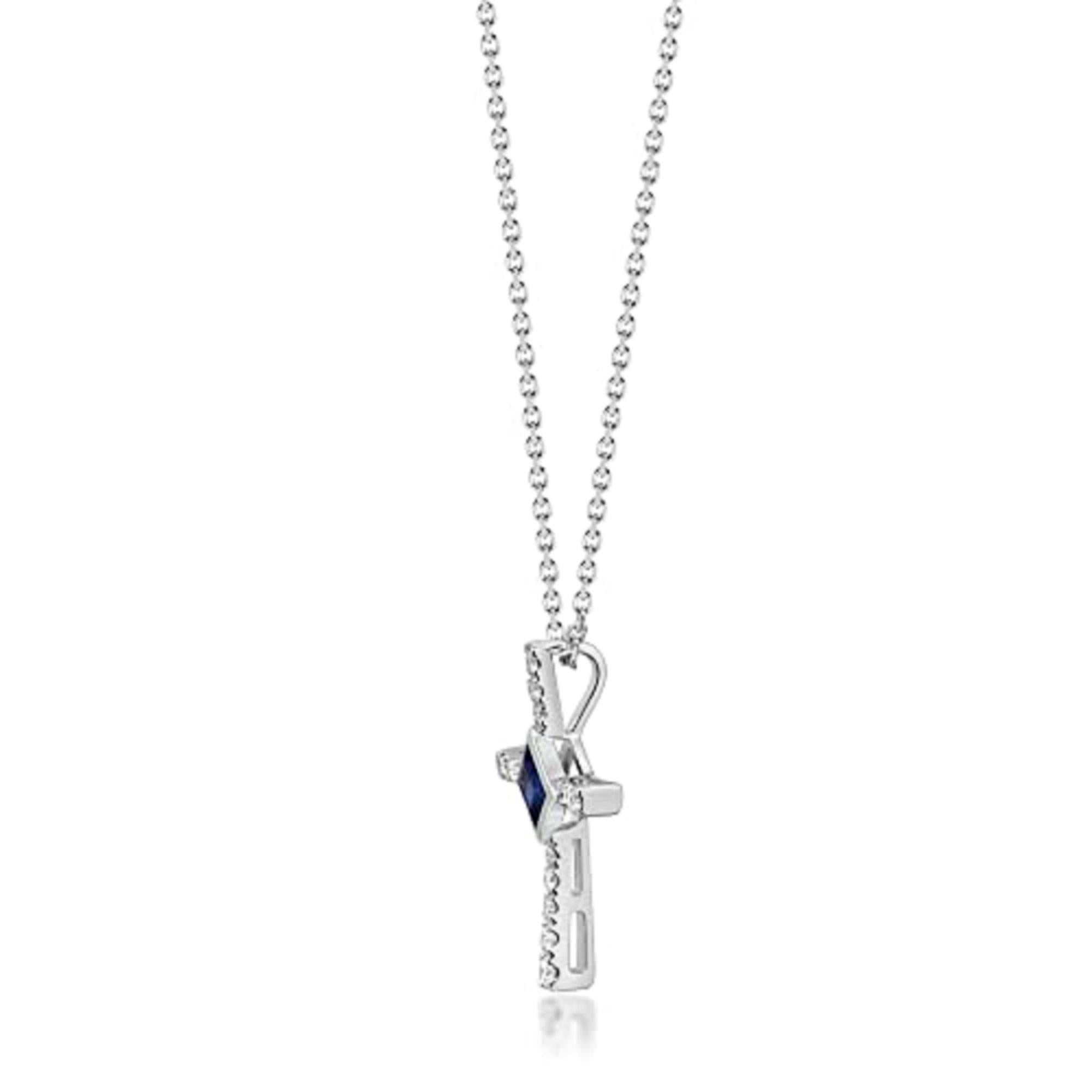 Decorate yourself in elegance with this Pendant is crafted from 14-karat White Gold by Gin & Grace Pendant. This Pendant is made up of 3.0mm square-cut Prong setting blue sapphire (1 Pcs) 0.26 Carat and Round-Cut Prong setting White Diamond (14 Pcs)