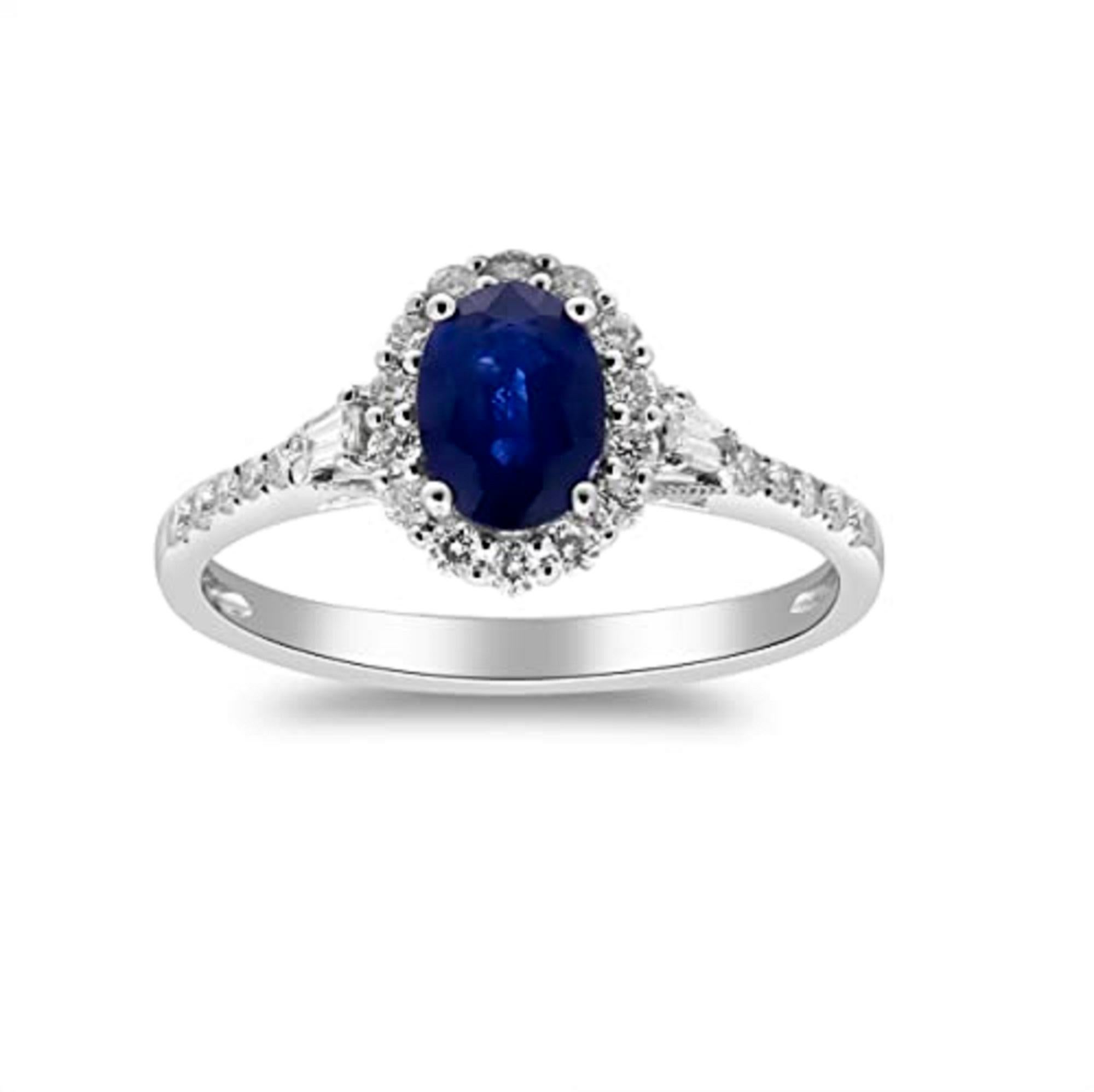 Decorate yourself in elegance with this Ring is crafted from 14-karat White Gold by Gin & Grace. This Ring is made up of 5*7 Oval-cut Blue sapphire (1 Pcs) 0.85 carat and baguette-cut diamond round-cut (2 pcs) 0.06 carat ,round-cut White diamond (24