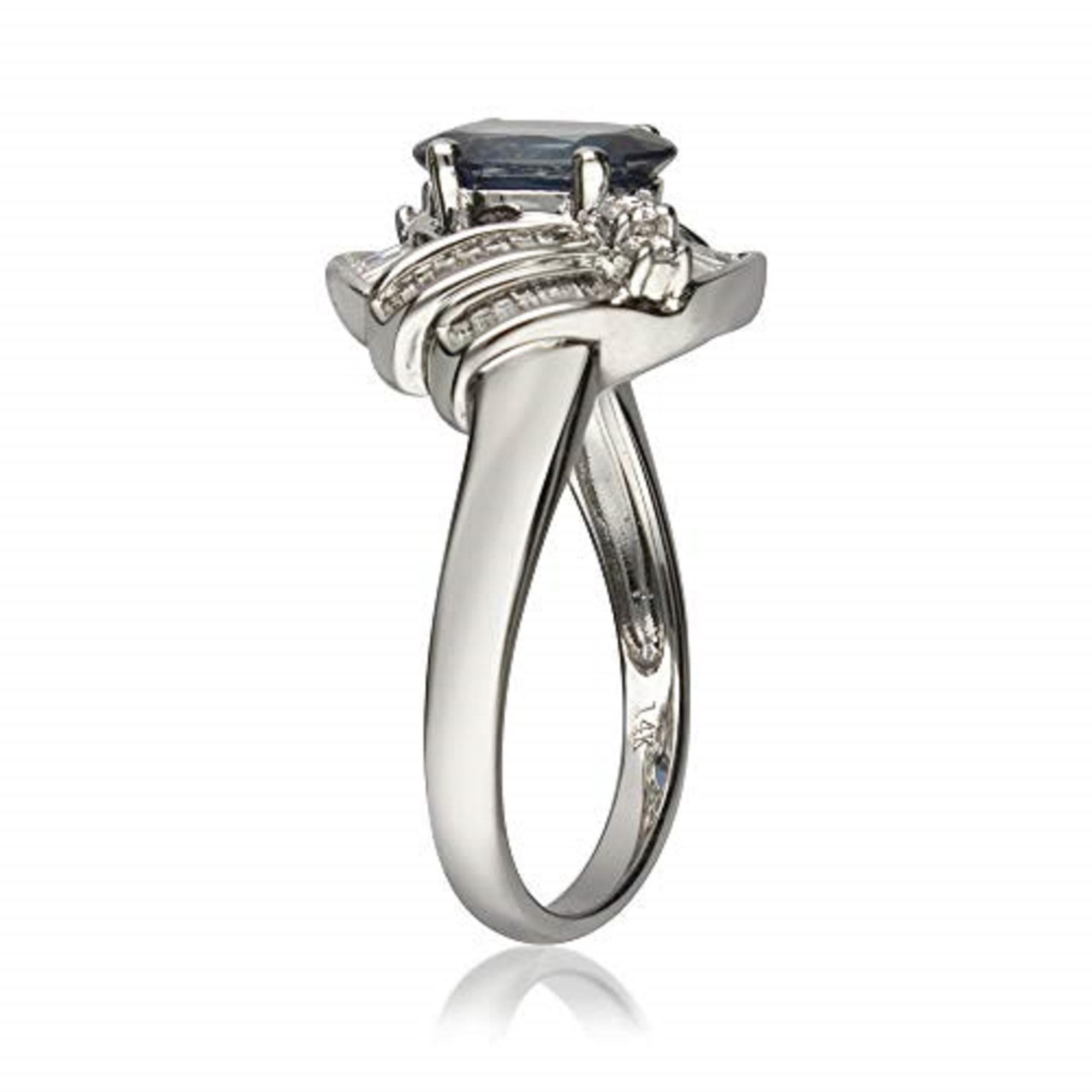 Stunning, timeless and classy eternity Unique ring. Decorate yourself in luxury with this Gin & Grace ring. The 14K White Gold jewelry boasts Oval-Cut Prong Setting Genuine Blue Sapphire (1 pcs) 1.47 Carat, Baguette- Shape Natural Diamond (42 Pcs)