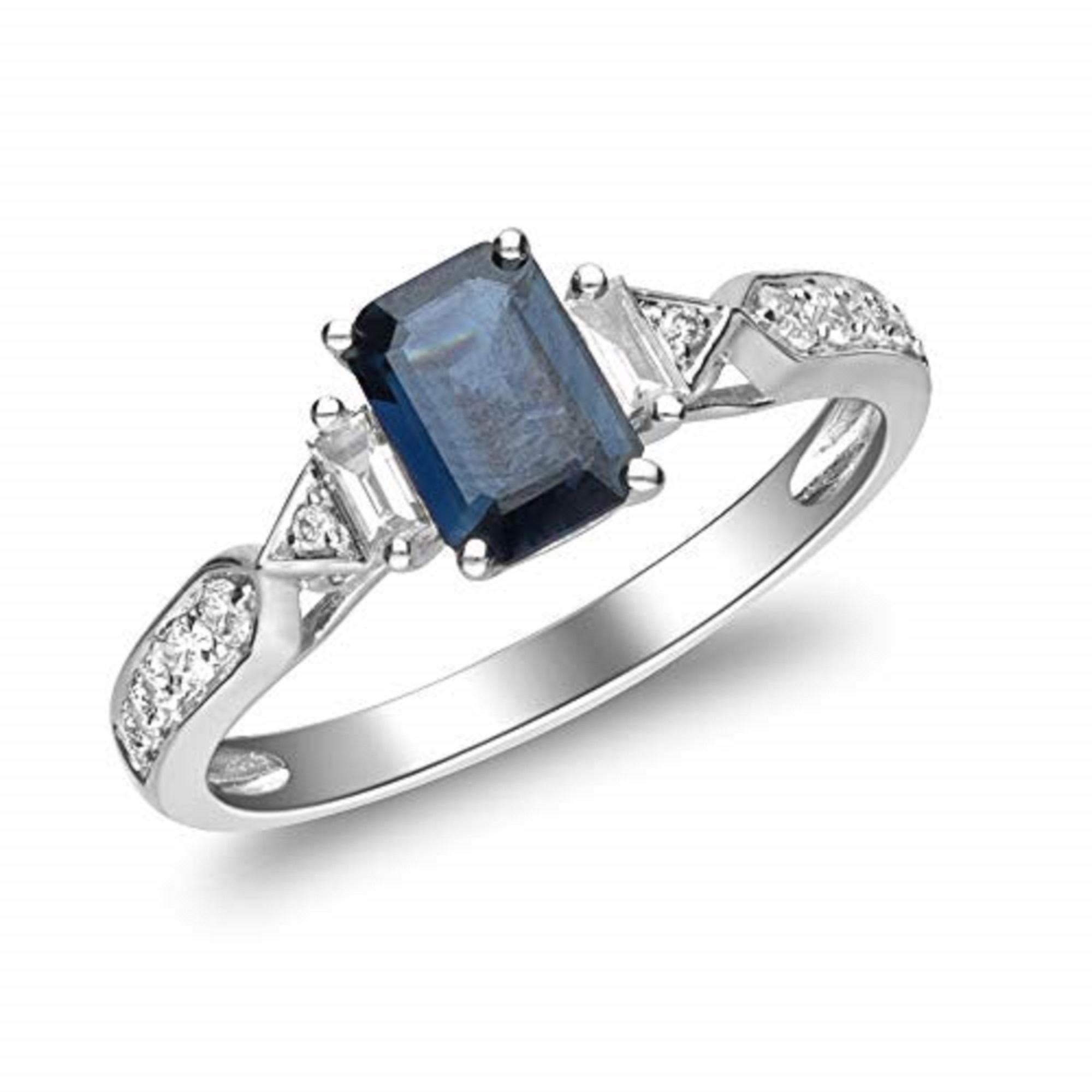 Emerald Cut Gin & Grace 14K White Gold Genuine Blue Sapphire Ring with Diamonds for women For Sale