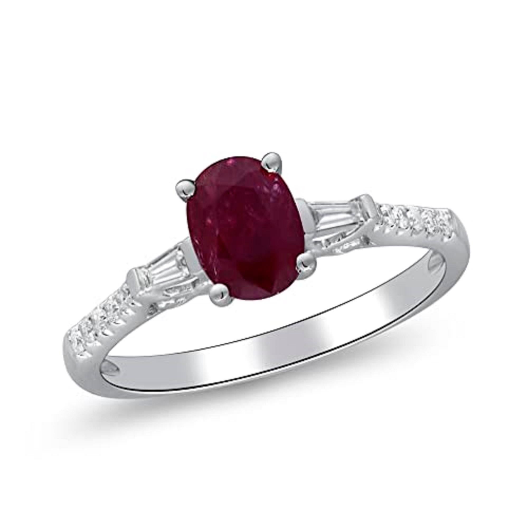 Decorate yourself in elegance with this Ring is crafted from 14-karat White Gold by Gin & Grace. This Ring is made up of 7x5 mm Oval-Cut Ruby (1 pcs) 0.97 carat and Round-cut White Diamond (14 Pcs) 0.10 Carat, Baguette-cut White Diamond (2 pcs) 0.08