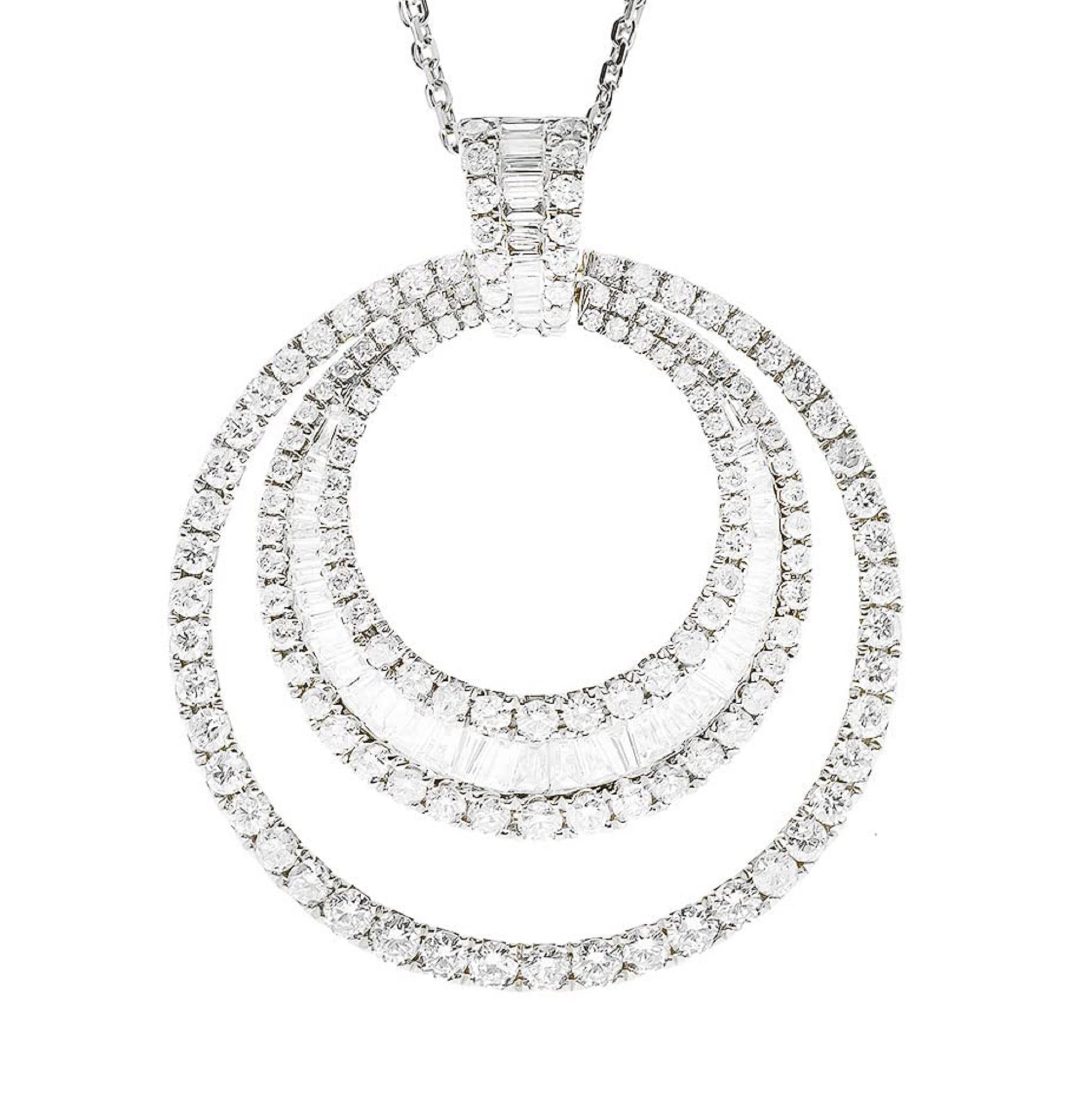 Decorate yourself in elegance with this Pendant is crafted from 14-karat White Gold by Gin & Grace. This Pendant is Baguette-cut White Diamond (49 Pcs) 0.55 Carat and Round-cut White Diamond (145 Pcs) 1.50 Carat. This Pendant is weight 3.18 grams