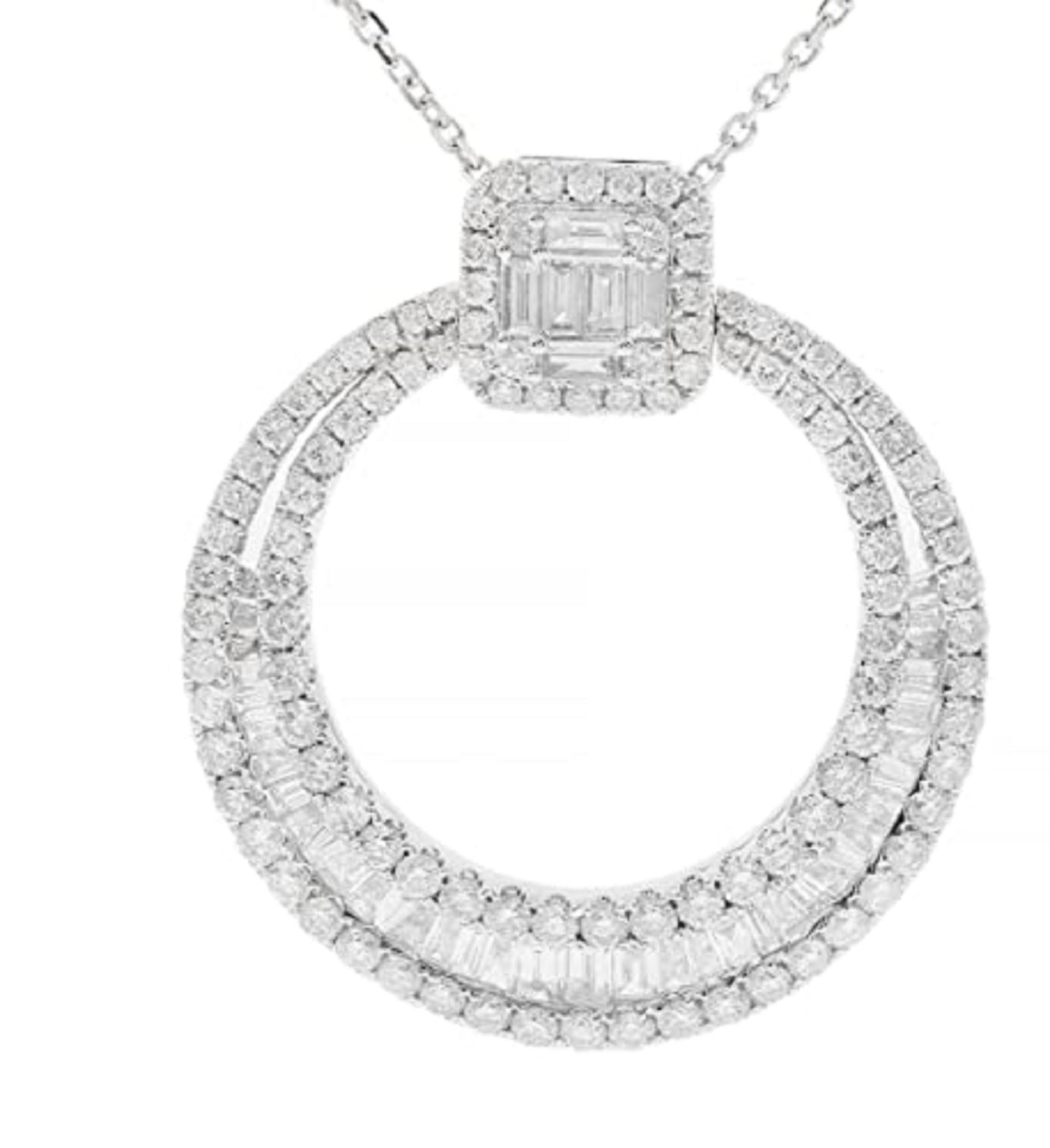 Decorate yourself in elegance with this Pendant is crafted from 14-karat White Gold by Gin & Grace. This Pendant is Baguette-cut White Diamond (44 Pcs) 0.72 Carat and Round-cut White Diamond (111 Pcs) 1.13 Carat. This Pendant is weight 3.98 grams