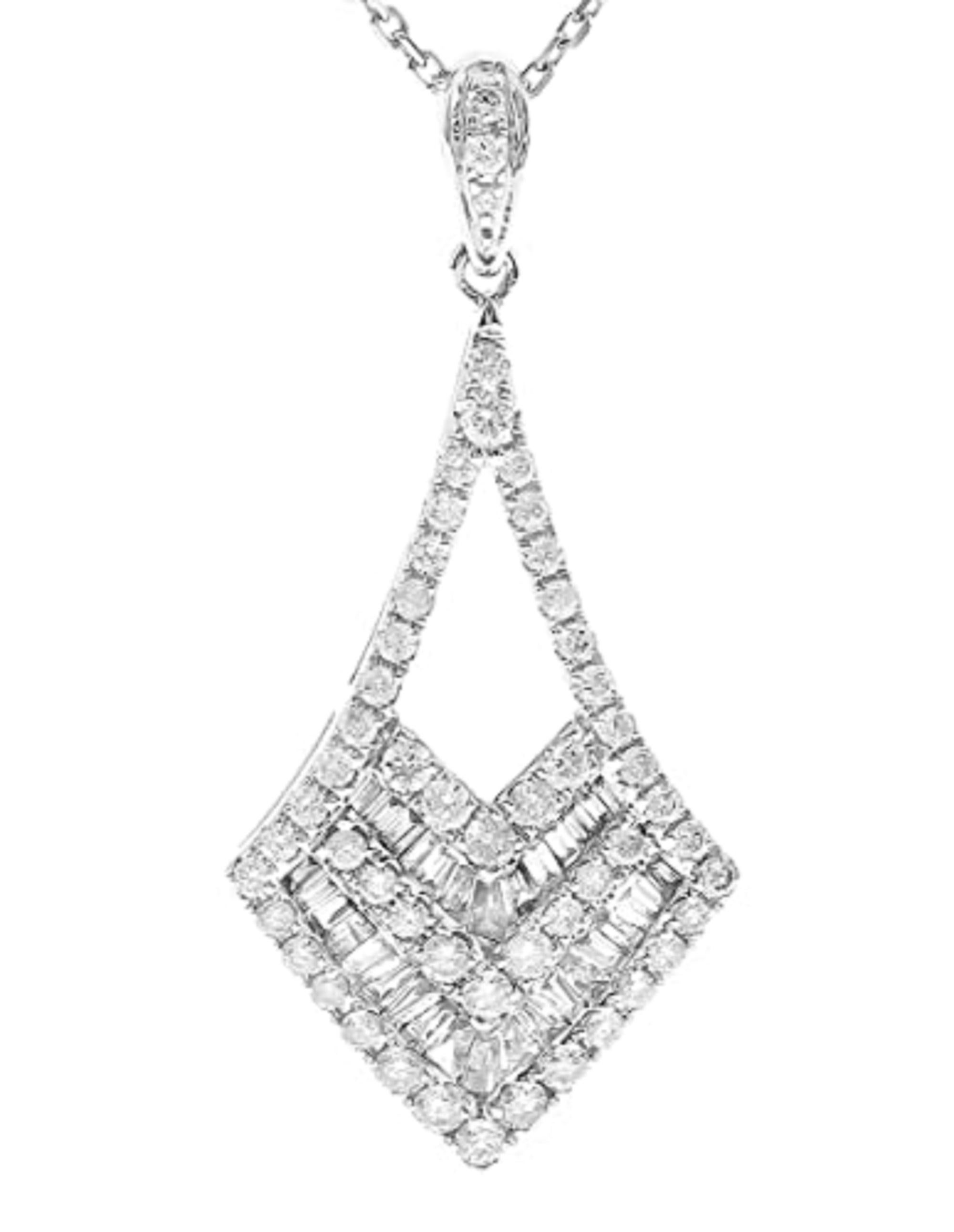 Decorate yourself in elegance with this Pendant is crafted from 14-karat White Gold by Gin & Grace. This Pendant is baguette-cut White Diamond (26 Pcs) 0.25 Carat and Round-cut White Diamond (56 Pcs) 0.53 Carat. This Pendant is weight 1.87 grams and
