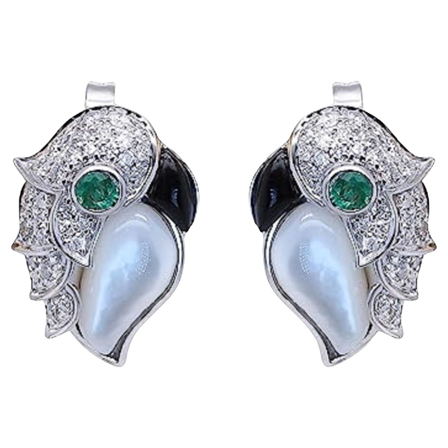 Gin & Grace 14K White Gold Zambian Emerald, Mother of pearl & Onyx free Earrings
