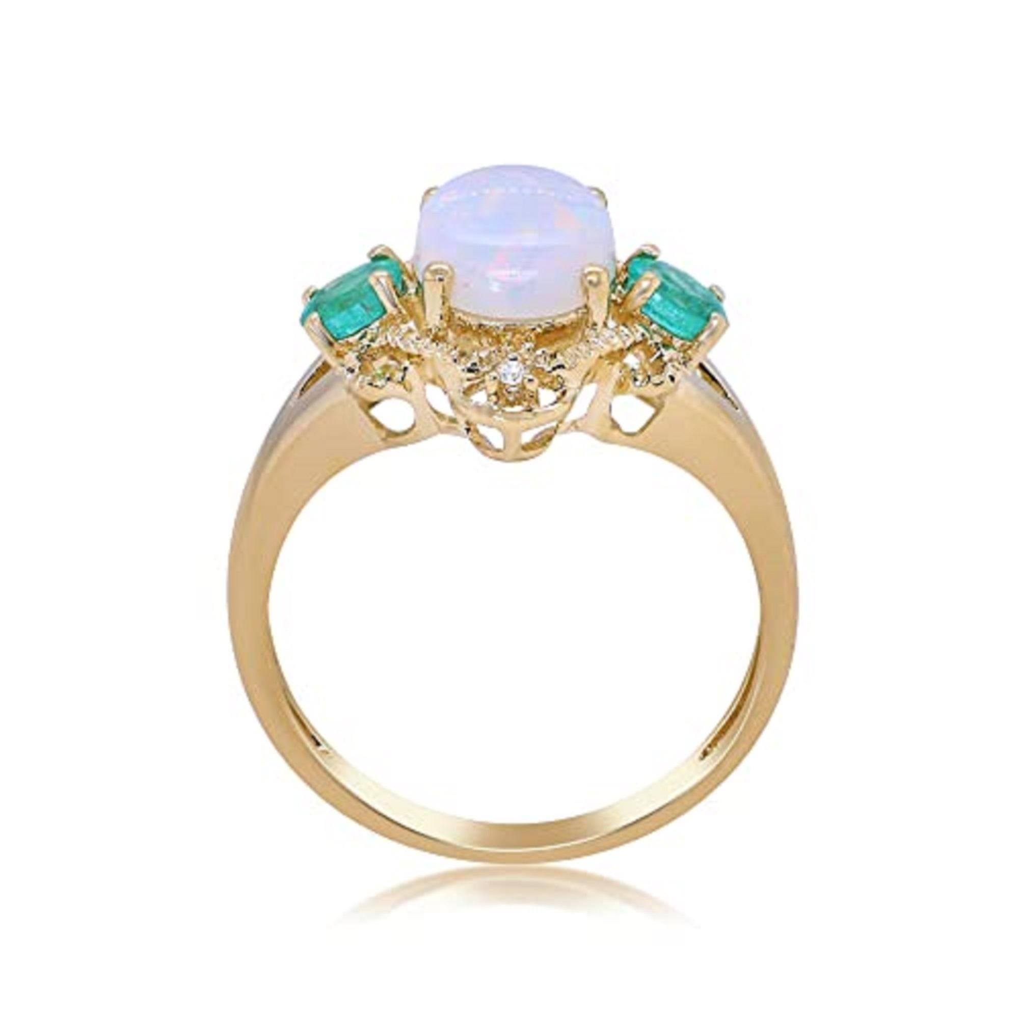 Oval Cut Gin & Grace 14K Yellow Gold Australian Opal, Emerald Ring with Diamond For Women For Sale