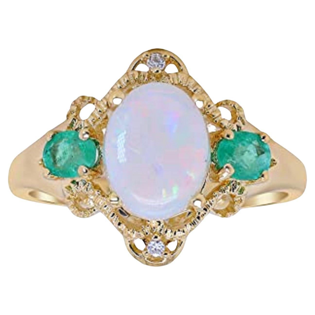 Gin & Grace 14K Yellow Gold Australian Opal, Emerald Ring with Diamond For Women For Sale