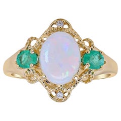 Gin & Grace 14K Yellow Gold Australian Opal, Emerald Ring with Diamond For Women