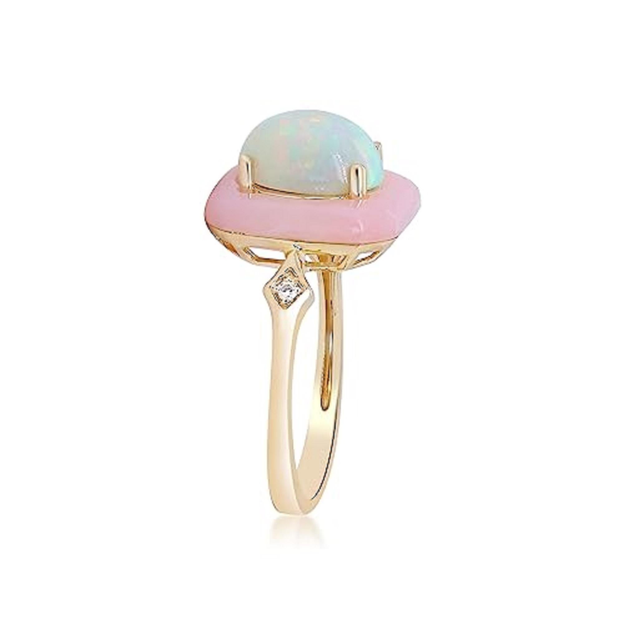 Art Deco Gin & Grace 14K Yellow Gold Ethiopian and Pink Opal Ring with Diamond for Women For Sale