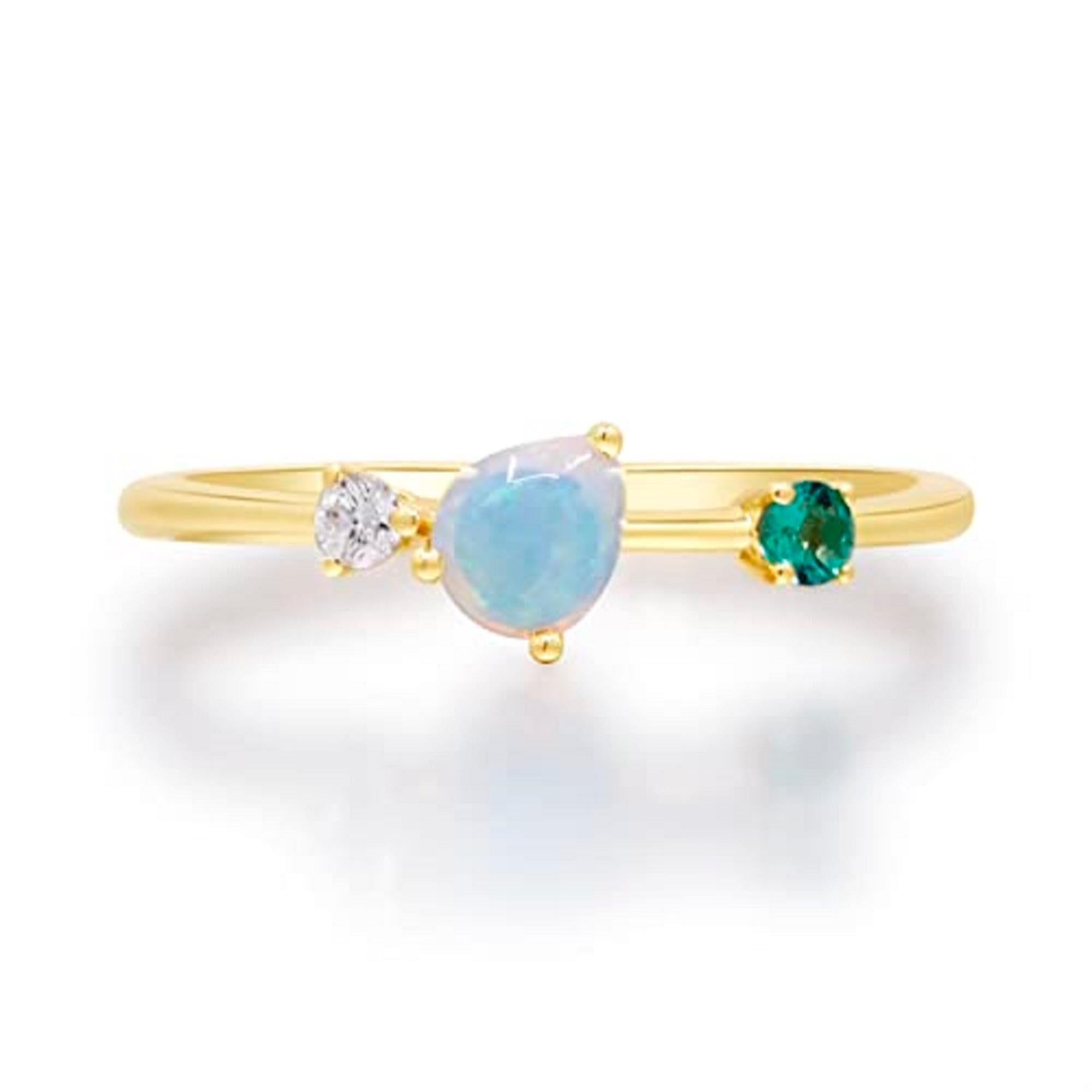 Gin & Grace 14K Yellow Gold Ethiopian Opal and Emerald Ring with Diamond In New Condition For Sale In New York, NY