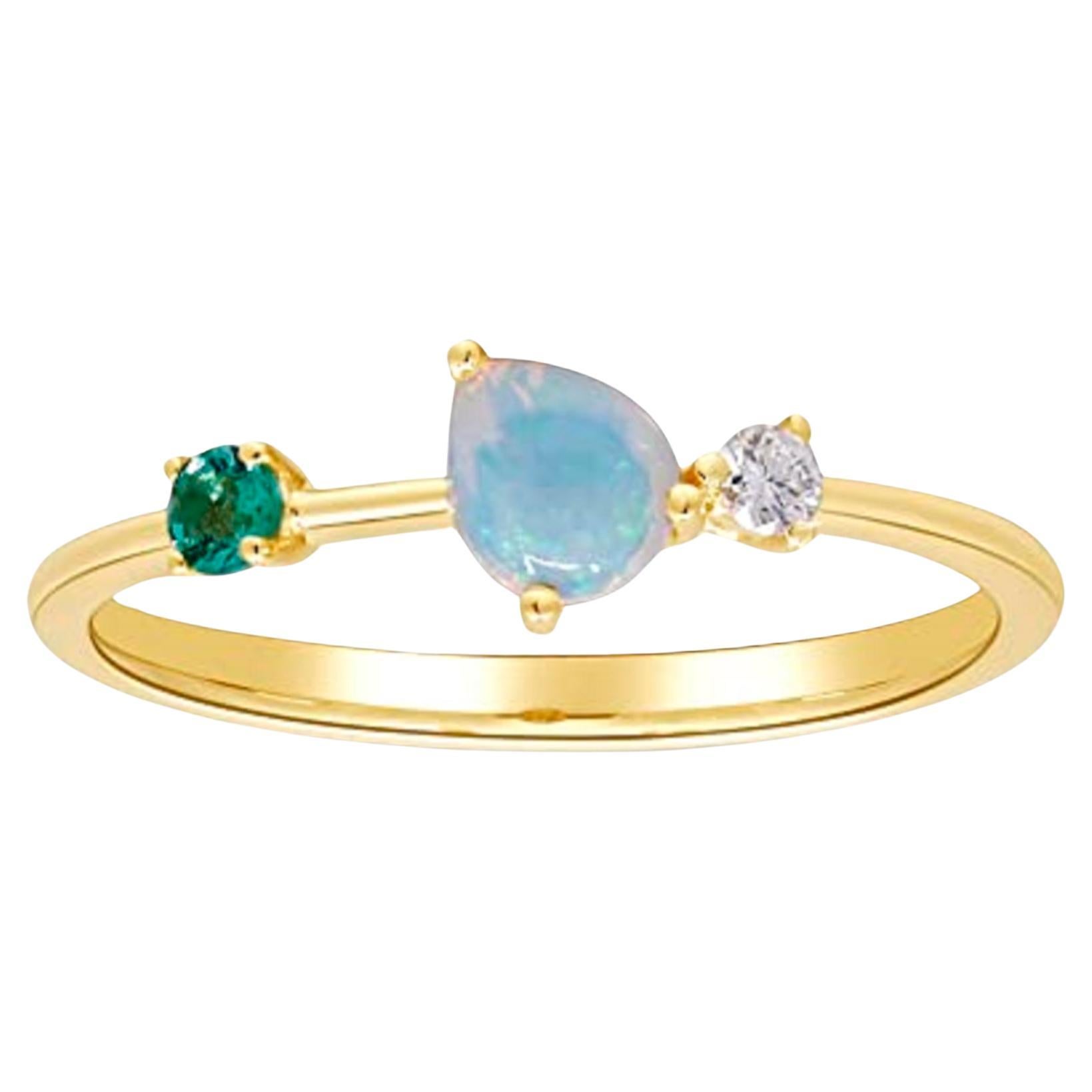 Gin & Grace 14K Yellow Gold Ethiopian Opal and Emerald Ring with Diamond For Sale