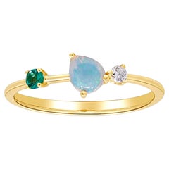 Gin & Grace 14K Yellow Gold Ethiopian Opal and Emerald Ring with Diamond