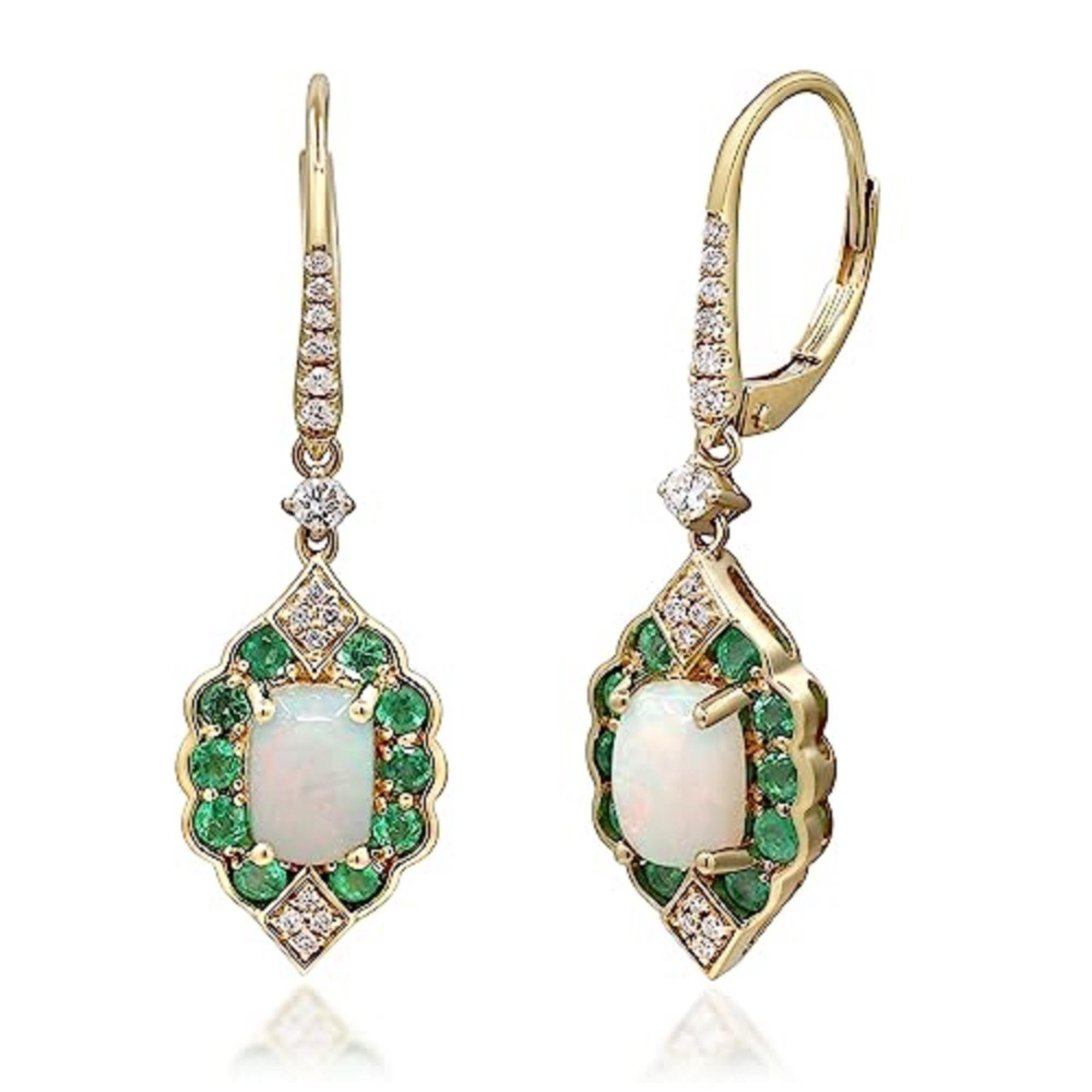 Art Deco Gin & Grace 14K Yellow Gold Ethiopian Opal & Emerald Earrings with Diamond  For Sale