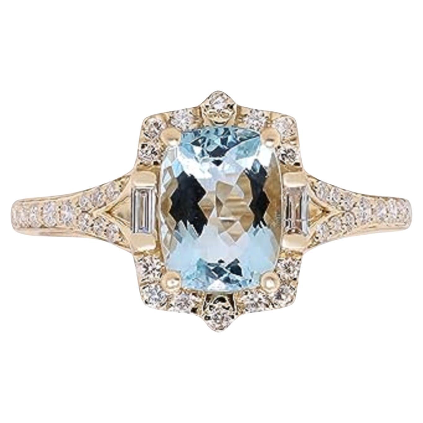 Decorate yourself in elegance with this Ring is crafted from 14-karat Yellow Gold by Gin & Grace. This Ring is made up of 6*8 Cushion-cut Aquamarine (1 Pcs) 1.32 carat Baguette (2 Pcs) 0.04 carat and Round-cut White Diamond (36 Pcs) 0.22 carat. This