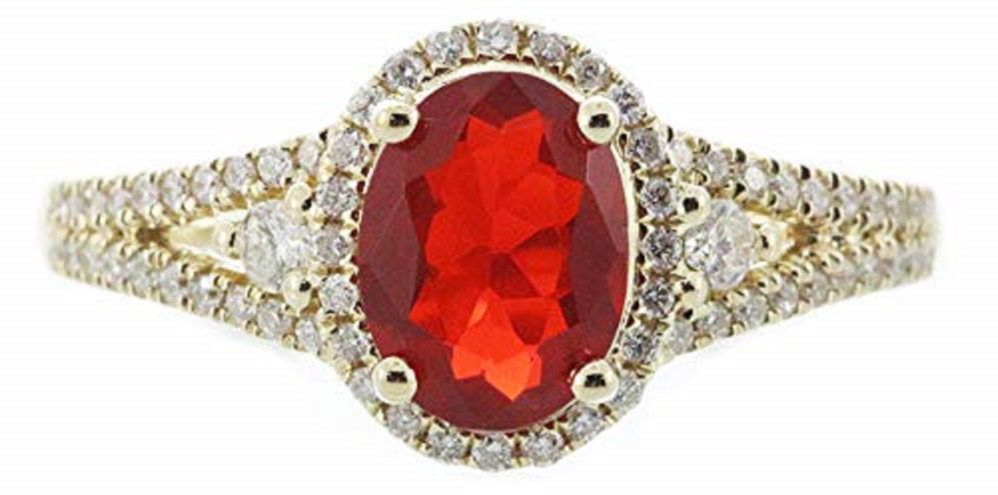Gin & Grace 14K Yellow Gold Mexican Fire Opal Ring with Diamonds for women In New Condition For Sale In New York, NY