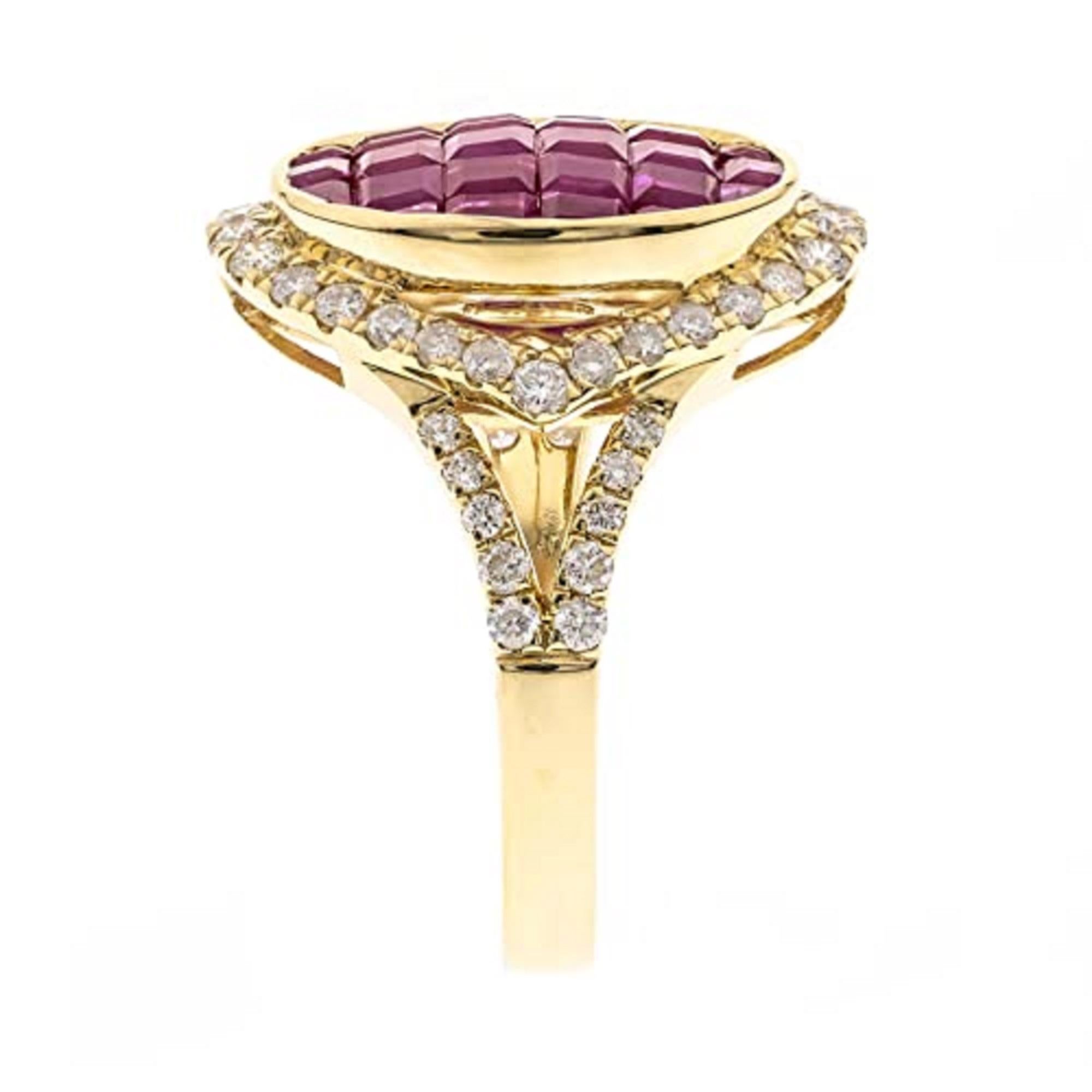 Decorate yourself in elegance with this Ring is crafted from 14-karat Yellow Gold by Gin & Grace. This Ring is made up of 2.5MM Square-Cut Invisible Setting (26 pcs) 2.78 carat Ruby and Round-cut White Diamond (50 Pcs) 0.68 Carat. This Ring is