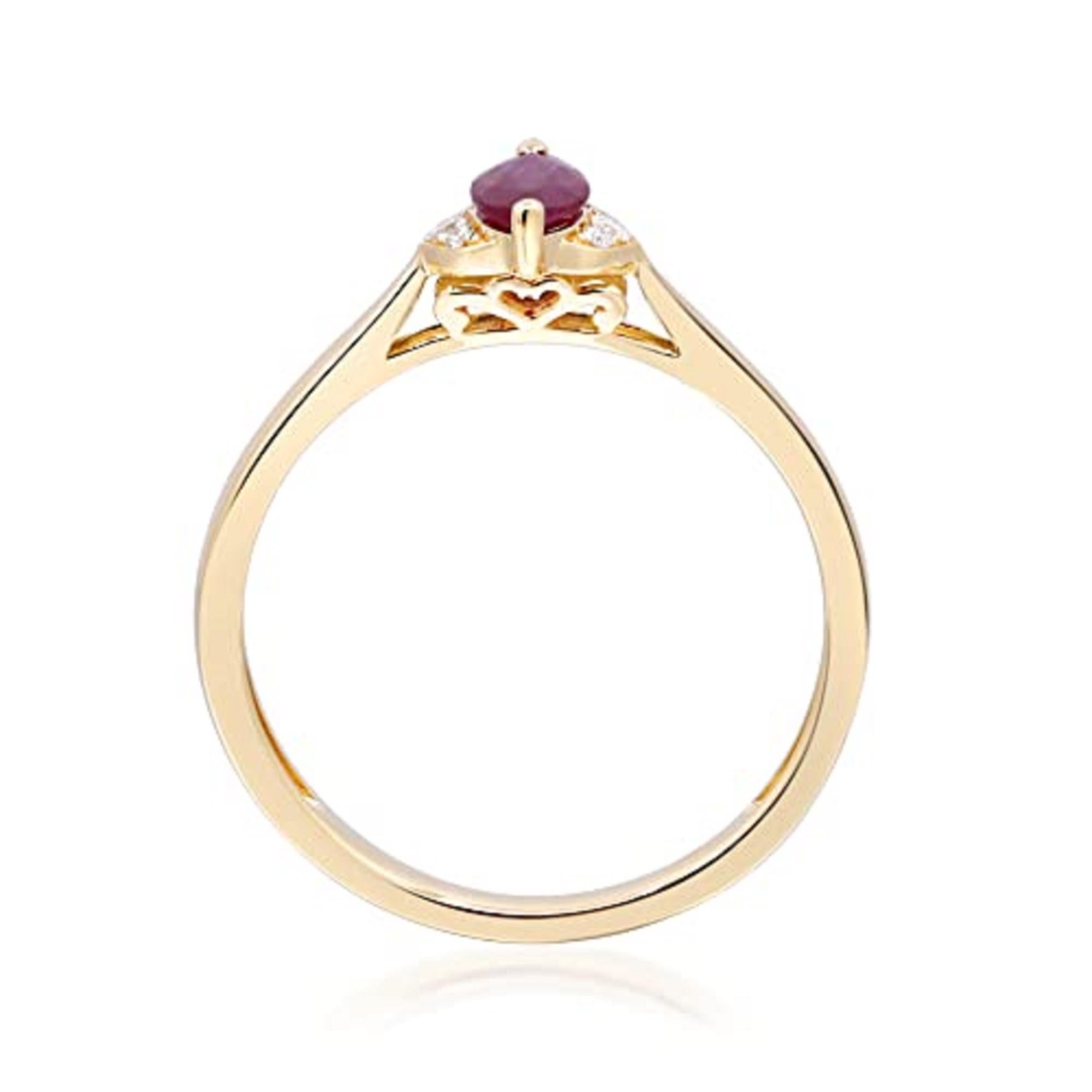 Decorate yourself in elegance with this Ring is crafted from 14-karat Yellow Gold by Gin & Grace. This Ring is made up of 7x3.5 mm Marquise-Cut Ruby (1 pcs) 0.41 carat and Round-cut White Diamond (6 Pcs) 0.03 Carat. This Ring is weight 1.44 grams.
