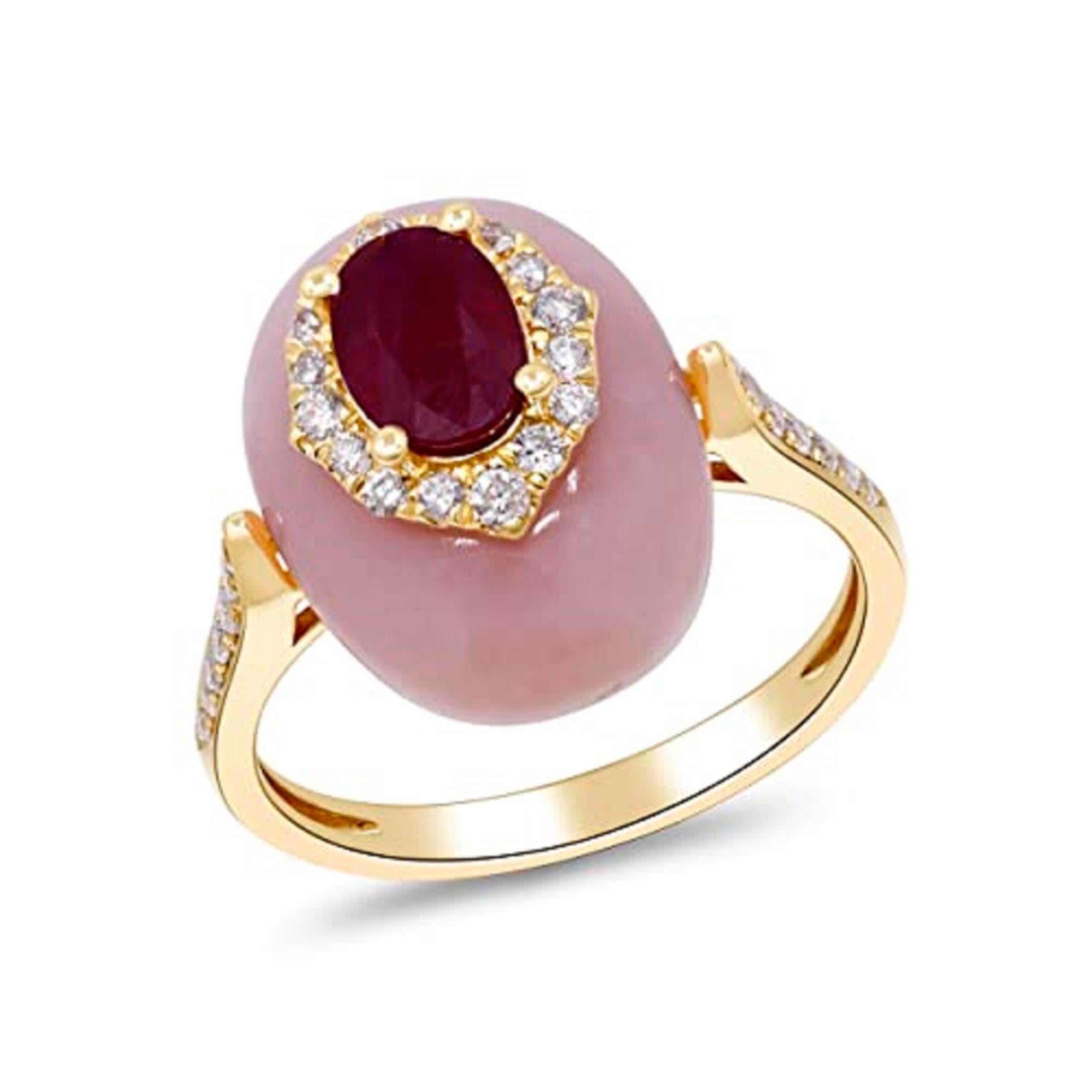 Art Deco Gin & Grace 14K Yellow Gold Mozambique Ruby and Pink Opal Ring with Diamond For Sale