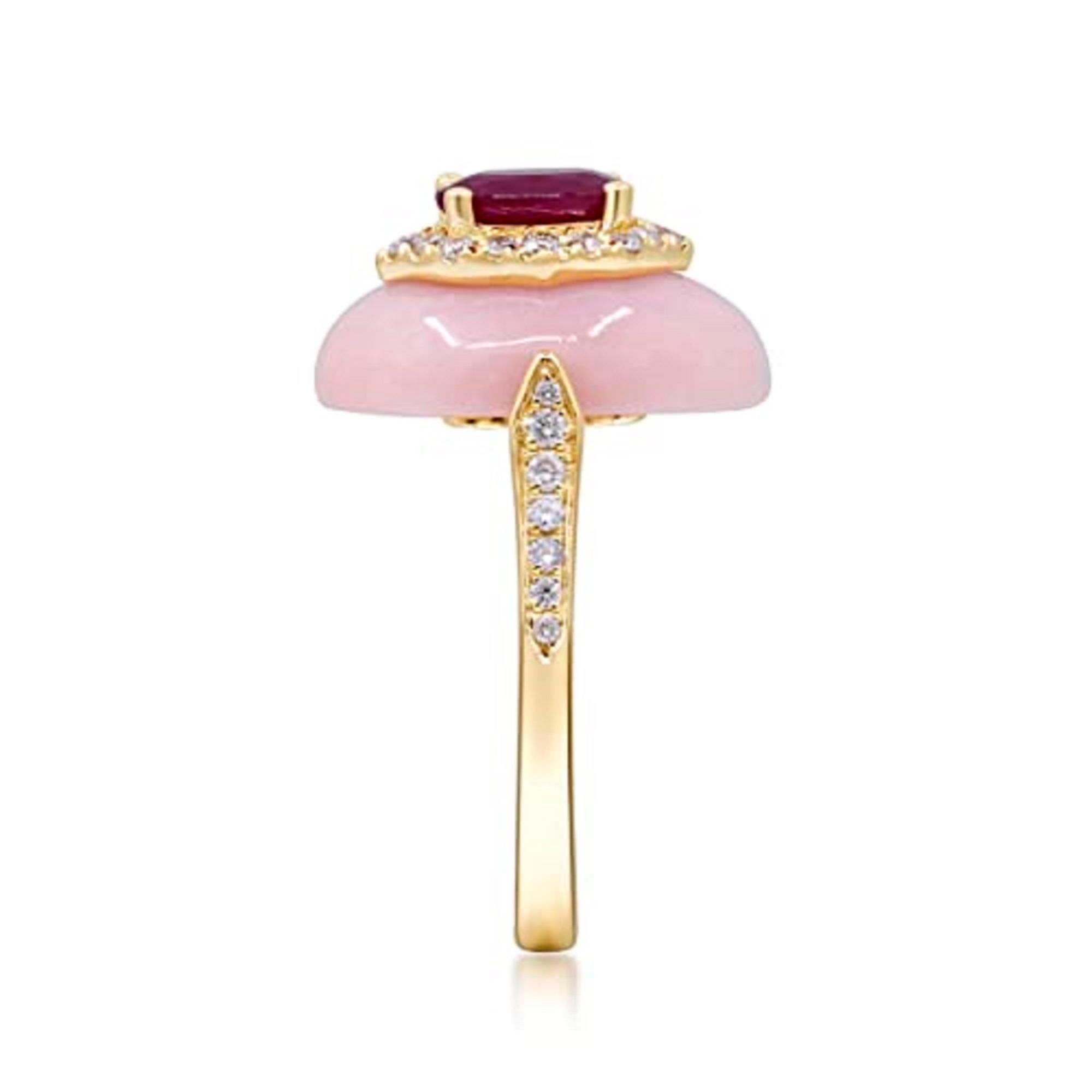 Art Deco Gin & Grace 14K Yellow Gold Mozambique Ruby and Pink Opal Ring with Diamond For Sale