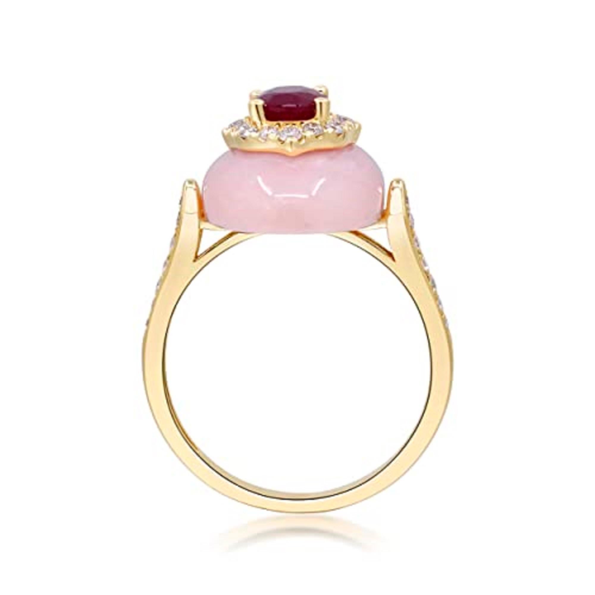 Gin & Grace 14K Yellow Gold Mozambique Ruby and Pink Opal Ring with Diamond In New Condition For Sale In New York, NY