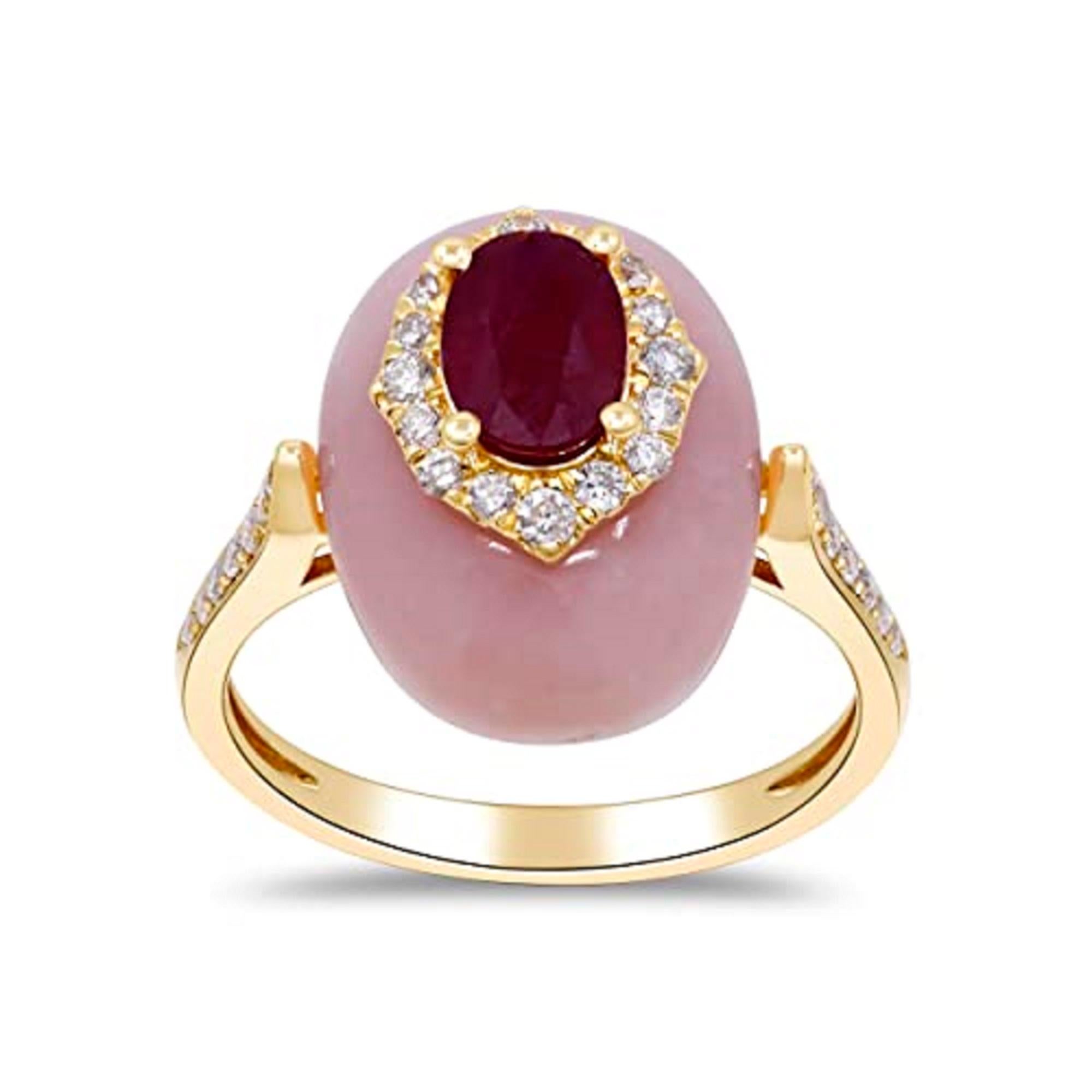 Gin & Grace 14K Yellow Gold Mozambique Ruby and Pink Opal Ring with Diamond In New Condition For Sale In New York, NY