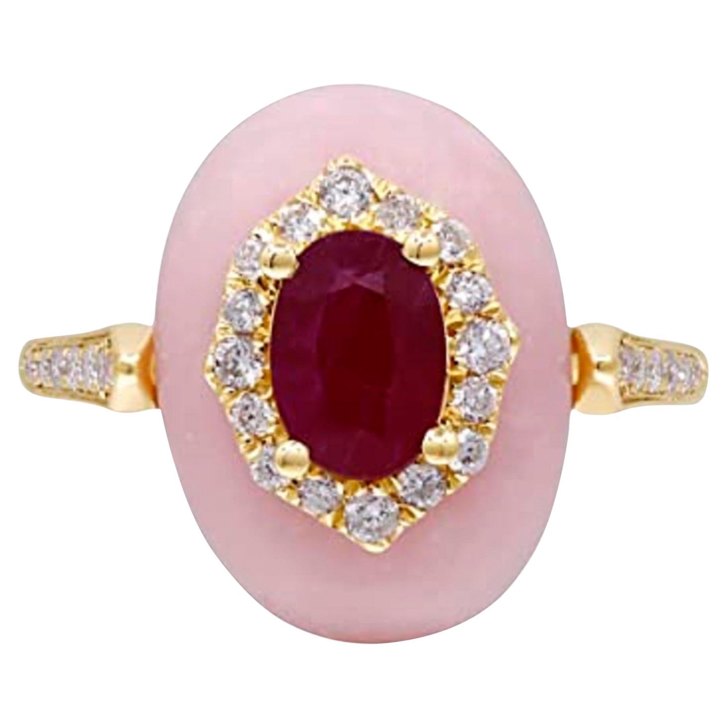 Gin & Grace 14K Yellow Gold Mozambique Ruby and Pink Opal Ring with Diamond