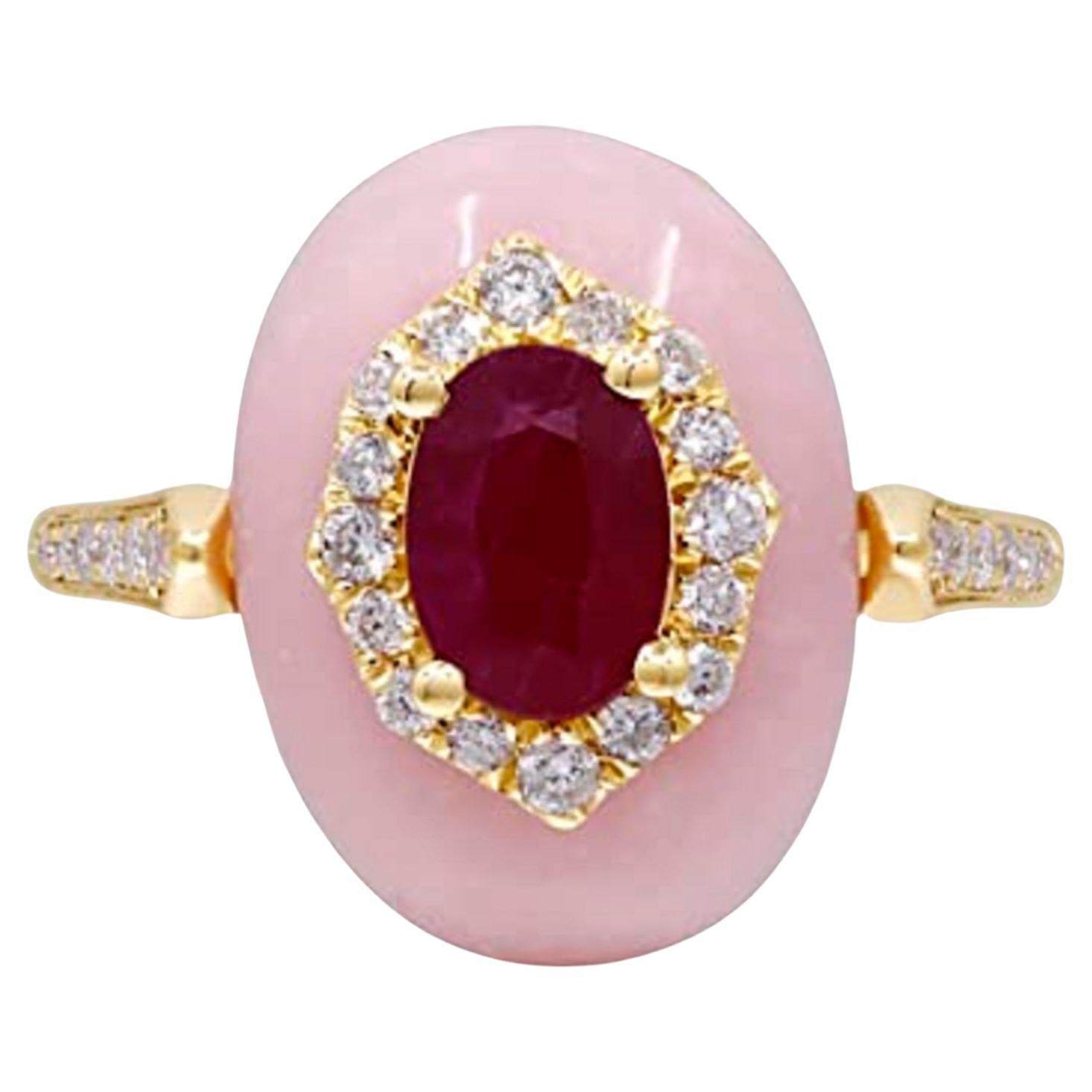 Gin & Grace 14K Yellow Gold Mozambique Ruby and Pink Opal Ring with Diamond For Sale