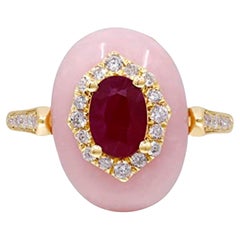 Gin & Grace 14K Yellow Gold Mozambique Ruby and Pink Opal Ring with Diamond