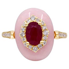 Gin & Grace 14K Gelbgold Mosambik Rubin und rosa Opalring mit Diamant
