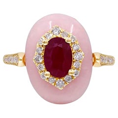 Gin & Grace, bague en or jaune 14 carats, rubis du Mozambique et opale rose avec diamants