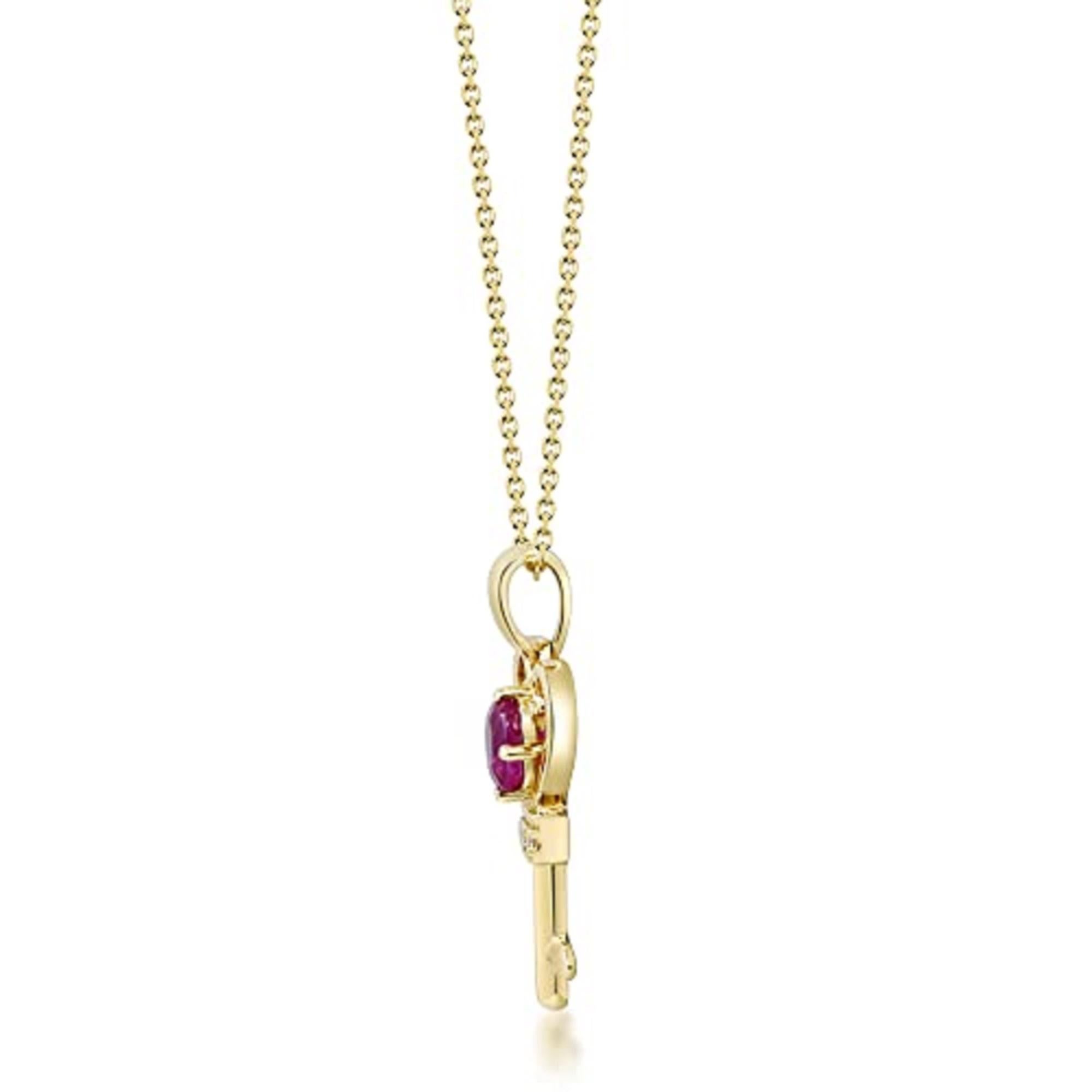 Decorate yourself in elegance with this Pendant is crafted from 14-karat Yellow Gold by Gin & Grace. This Pendant is made up of 0.13 mm oval-cut ruby (1 pcs ) 0.44 carat and Round-cut White Diamond (2 Pcs) 0.02 Carat. This Pendant is 2.80 gm weight