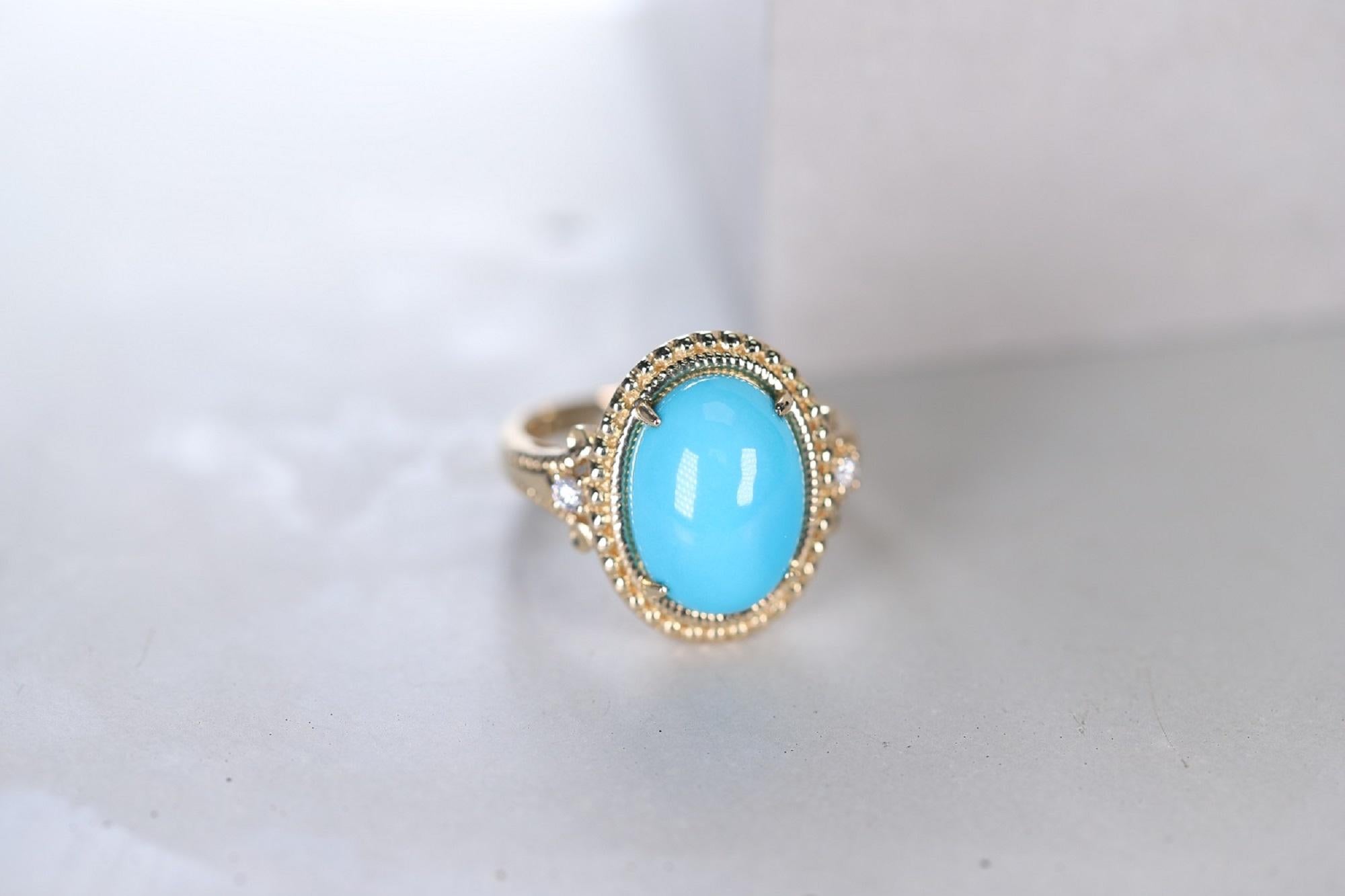 Decorate yourself in elegance with this Ring is crafted from 14-karat yellow Gold by Gin & Grace. This Ring is made up of 10*14 turquoise oval-cut (1 pcs) 5.95 carat and Round-cut Diamond (2 pcs) 0.07 Carat. This Ring is weight 5.19 grams. This