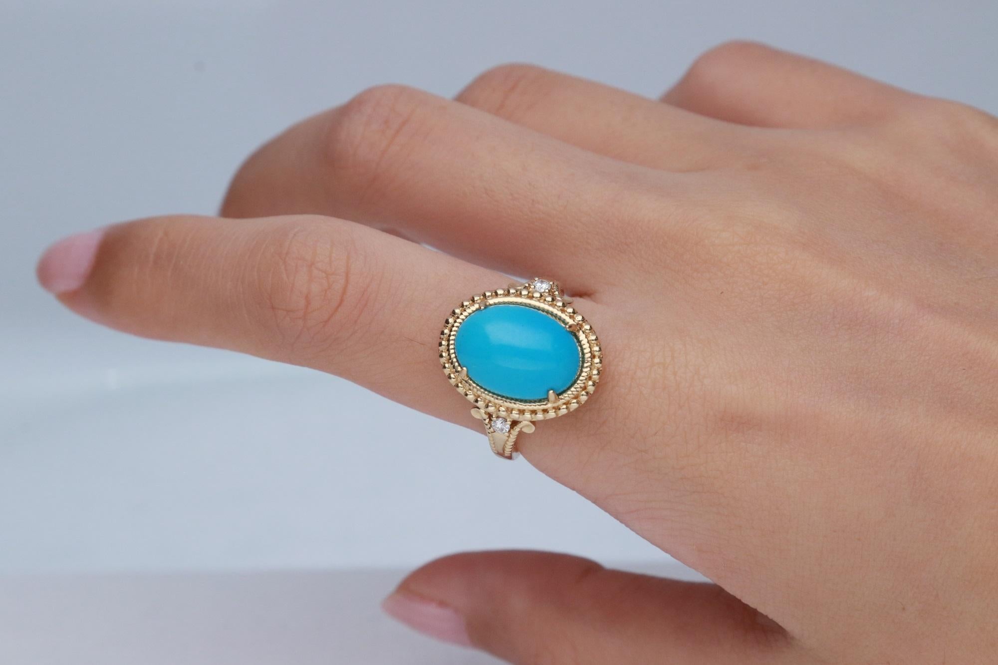 Art Deco Gin & Grace 14K Yellow Gold Natural Turquoise and Diamond (I1) Ring For Women For Sale