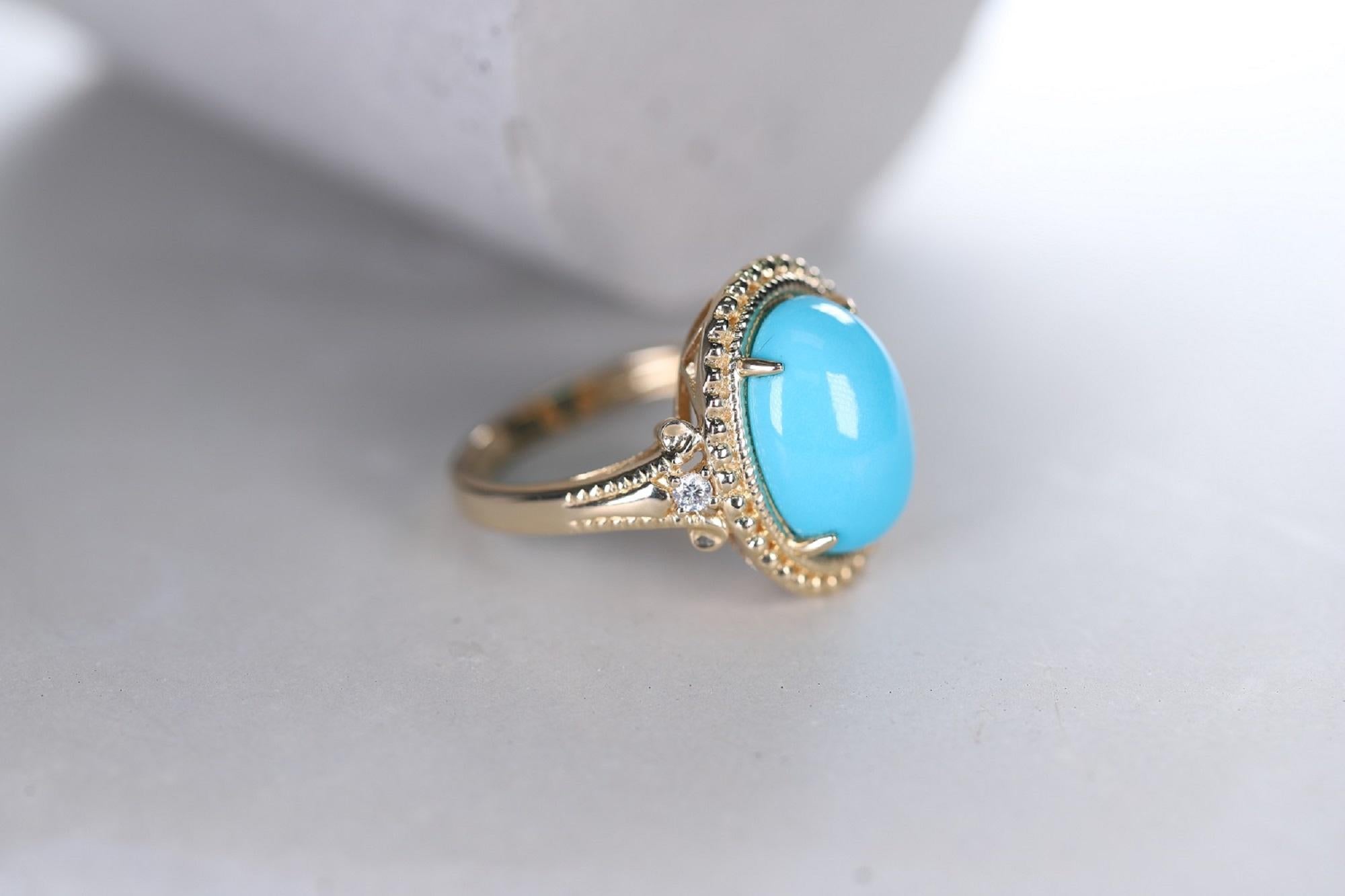 Oval Cut Gin & Grace 14K Yellow Gold Natural Turquoise and Diamond (I1) Ring For Women For Sale