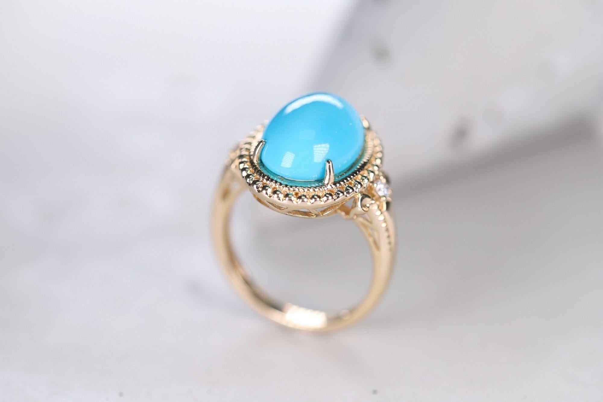 Gin & Grace 14K Yellow Gold Natural Turquoise and Diamond (I1) Ring For Women In New Condition For Sale In New York, NY