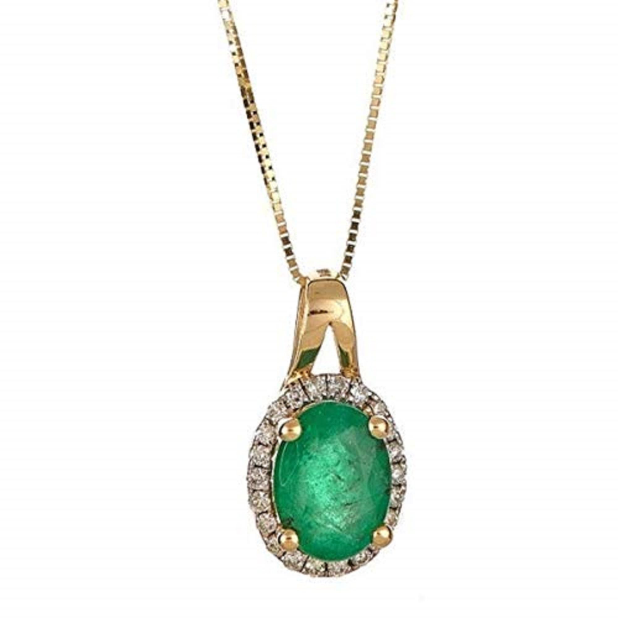 Oval Cut Gin & Grace 14K Yellow Gold Natural Zambian Emerald Pendant with natural Diamond For Sale