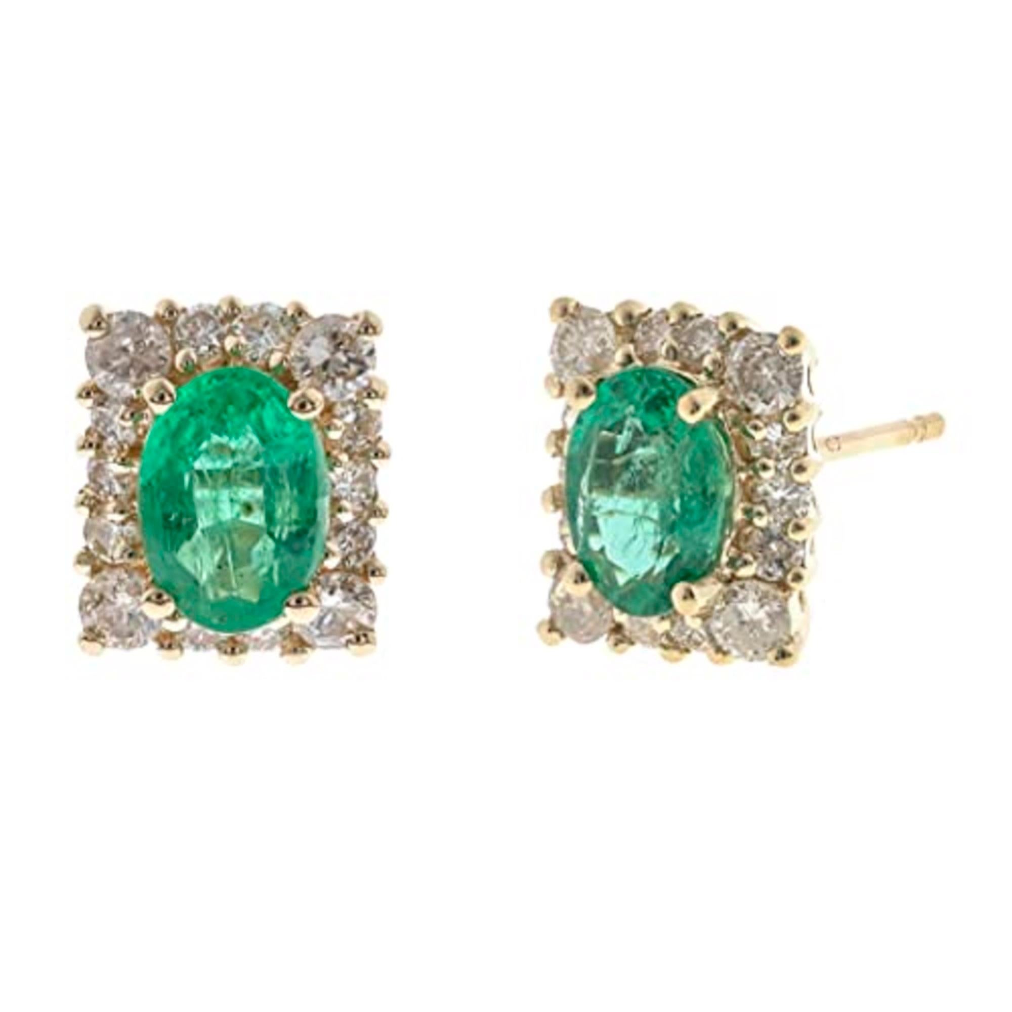 Art Deco  Gin & Grace 14K Yellow Gold Natural Zambian Emerald Stud Earrings with Diamonds For Sale