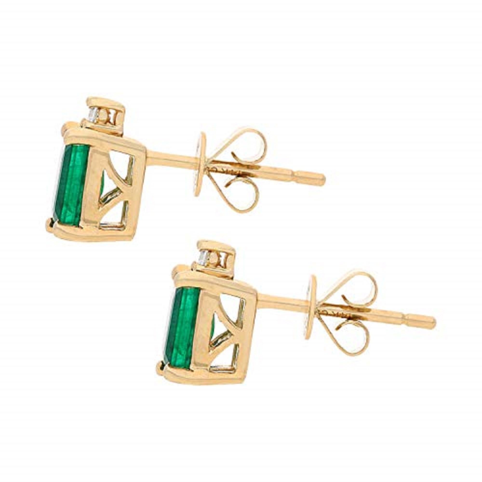Emerald Cut Gin & Grace 14K Yellow Gold Zambian Emerald Earrings with Diamond For Women For Sale