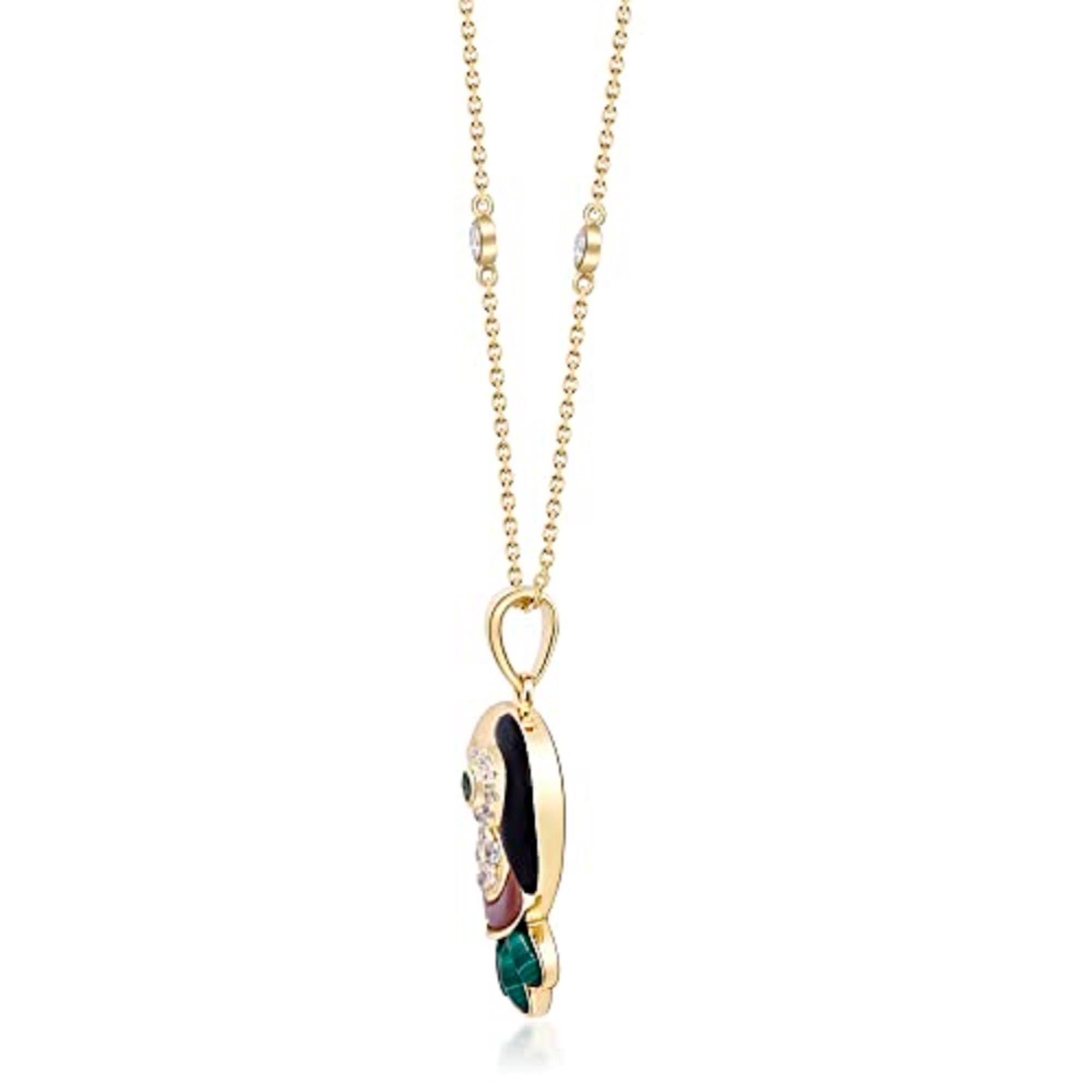 Decorate yourself in elegance with this Pendant is crafted from 14-karat Yellow Gold by Gin & Grace. This Pendant is made up of 2.0 mm Round-cut Emerald (1 pcs) 0.04 carat, malachite free fancy (3 pcs) 0.59 carat ,mother of pearl pink free (1 Pcs)