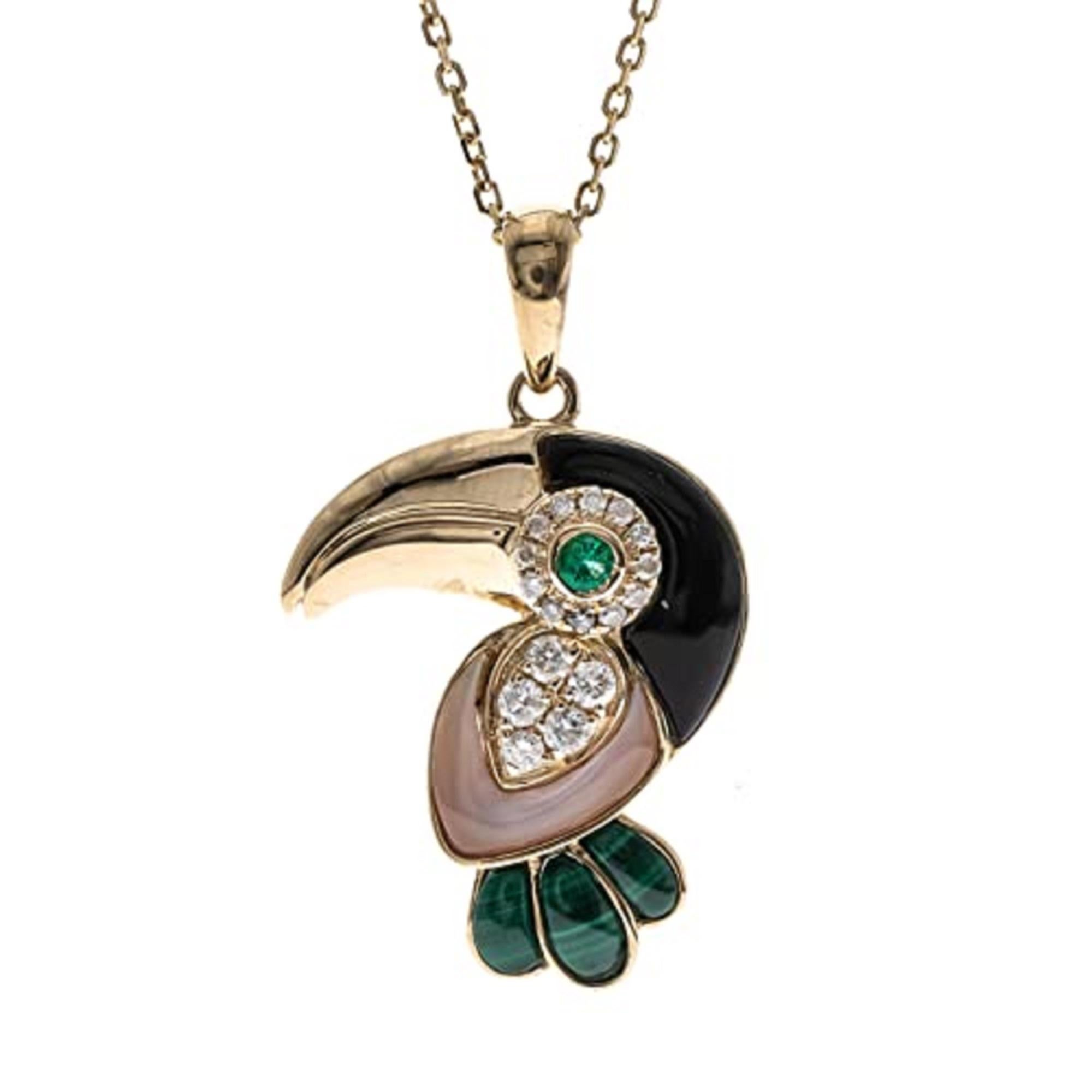 Round Cut Gin & Grace 14KY Gold Zambian Emerald, Mother of pearl, Malachite & Onyx Pendant For Sale