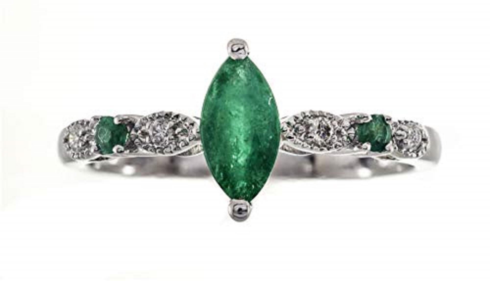 Art Deco Gin & Grace 18K White Gold Marquise Cut Emerald & Natural Diamond Ring For Women For Sale
