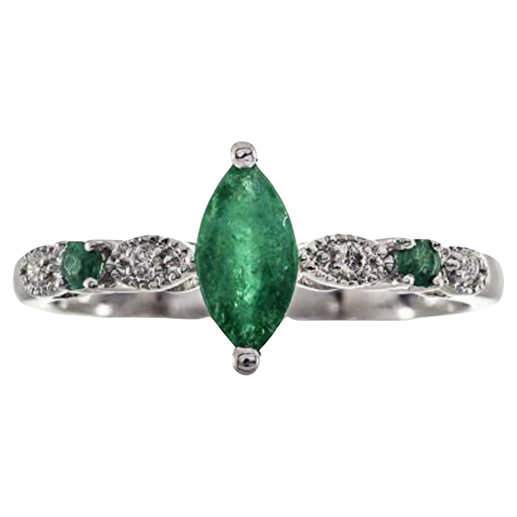 Gin & Grace 18K White Gold Marquise Cut Emerald & Natural Diamond Ring For Women For Sale