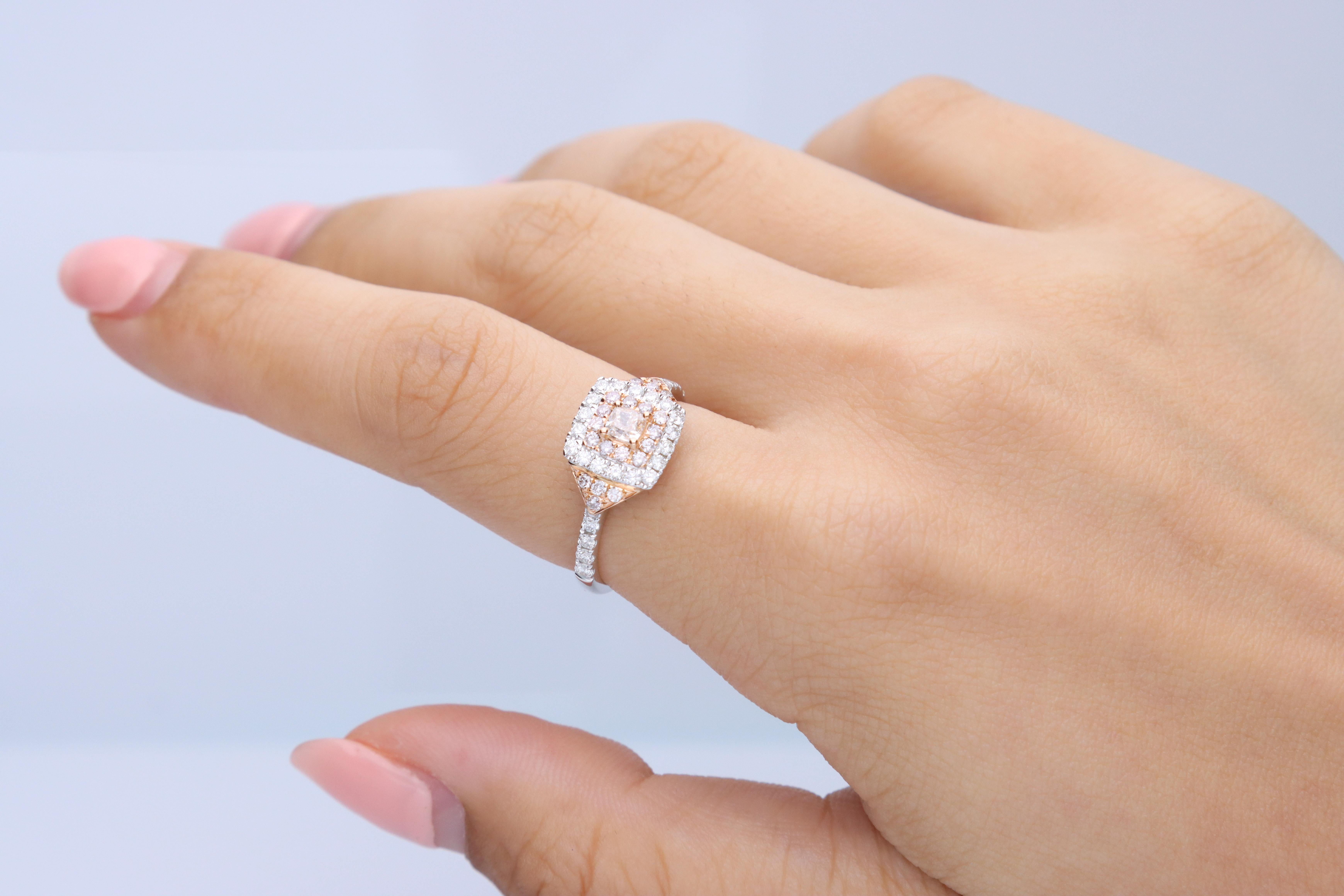 Stunning, timeless and classy eternity Unique Ring. Decorate yourself in luxury with this Gin & Grace Ring. The 18K Two Tone Gold jewelry boasts with Cushion-cut 1 pcs  0.24 carat, Round-cut 20 pcs 0.22 carat Pink Diamond and Natural Round-cut white
