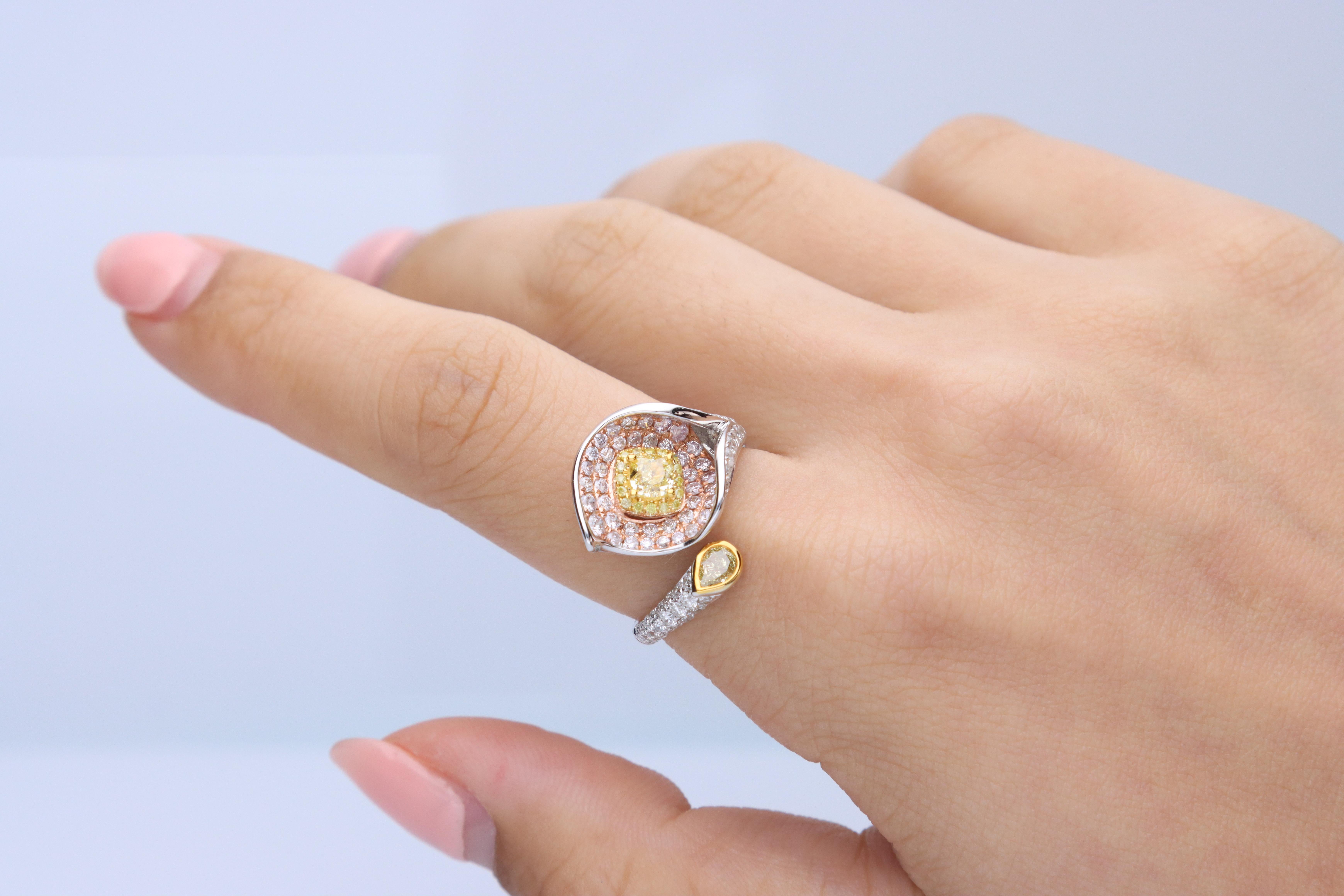 Stunning, timeless and classy eternity Unique Ring. Decorate yourself in luxury with this Gin & Grace Ring. The 14K Three Tone Gold jewelry boasts with Cushion, Pear-cut (2 Pcs) 0.60 carat Yellow Diamond and Natural Round-cut white Diamond (38 Pcs)