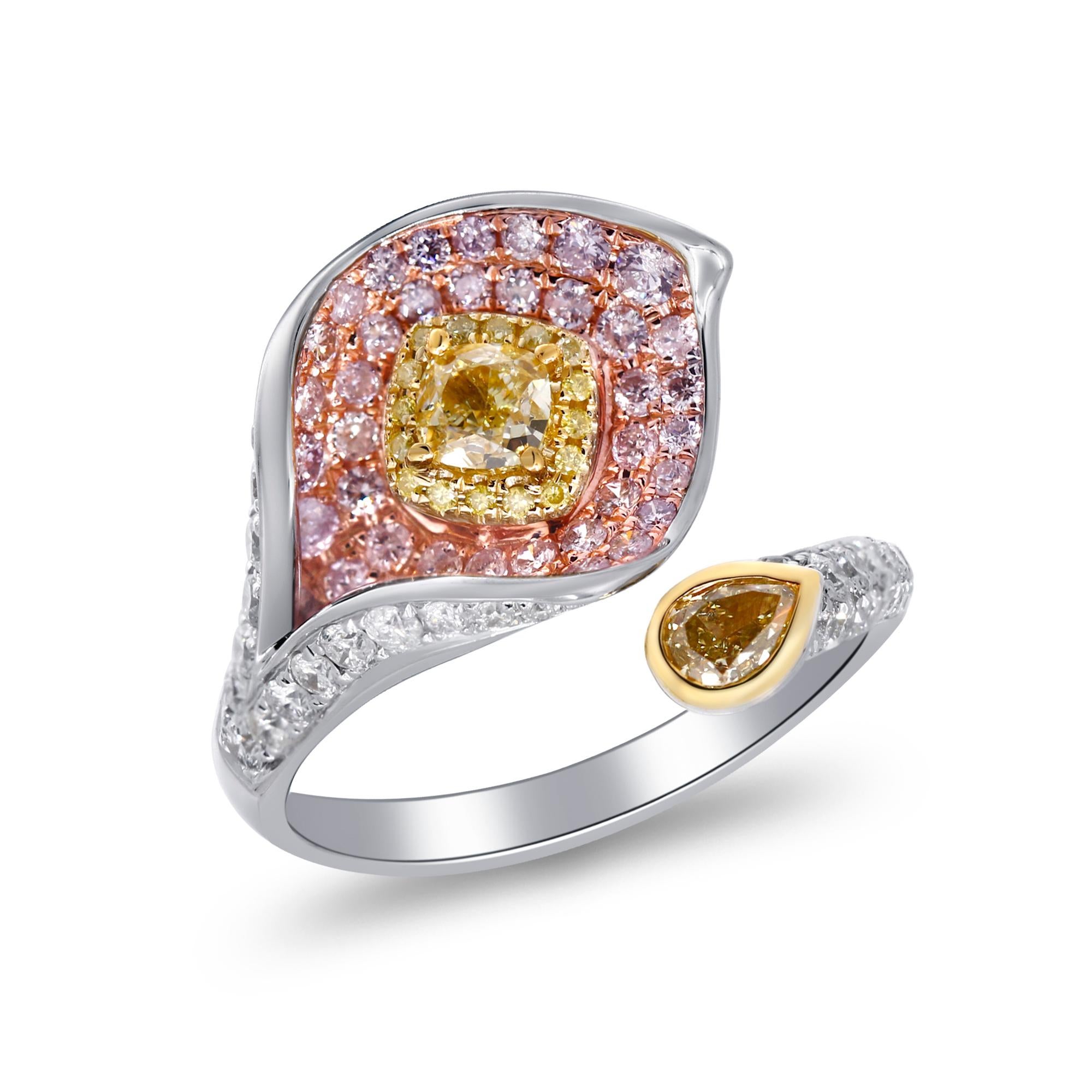 Art Deco Gin & Grace Cushion-Cut Yellow Diamond with Pink White Diamond 14k TTT Gold Ring