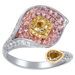 Vintage Gin & Grace Cushion-Cut Yellow Diamond with Pink White Diamond 14k TTT Gold Ring
